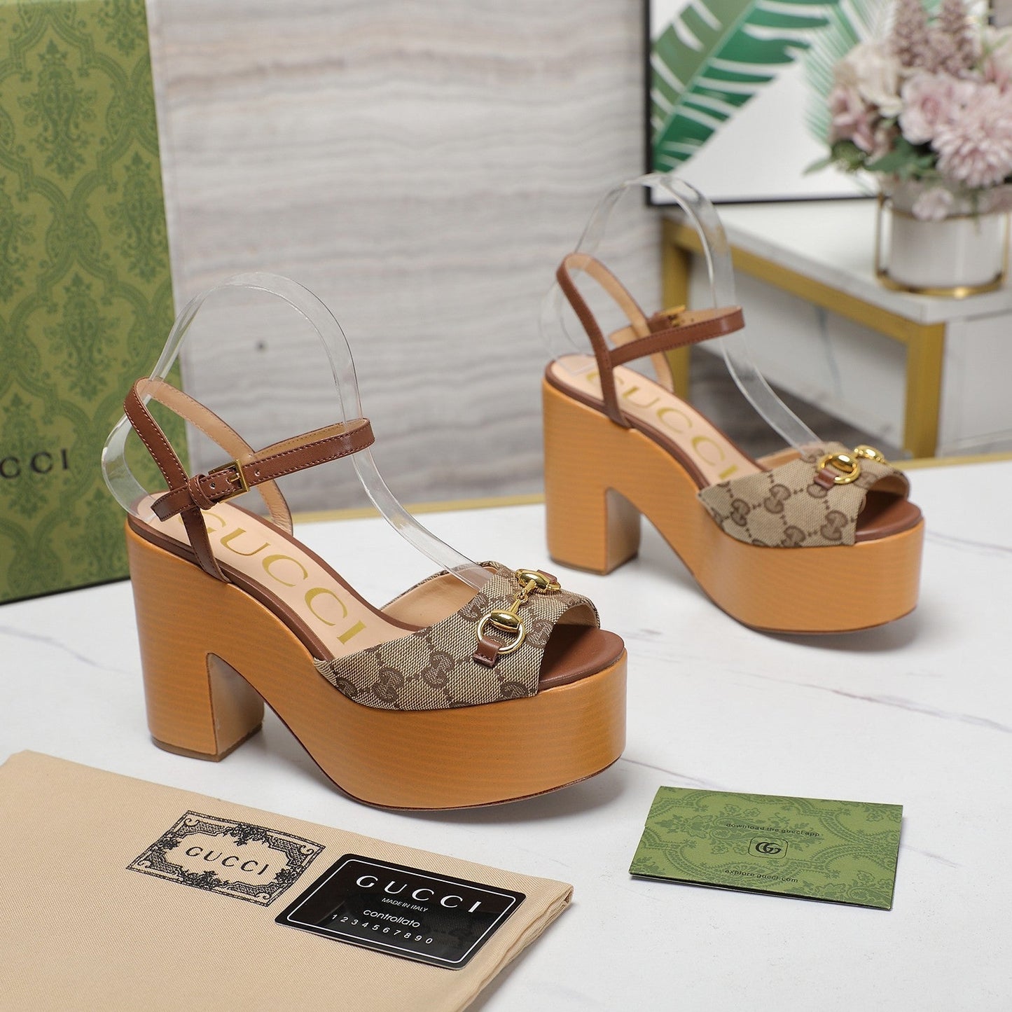GG HORSEBIT WEDGE SANDAL IN BROWN MONOGRAM JACQUARD FABRIC AND SHEEPSKIN LINING - 35