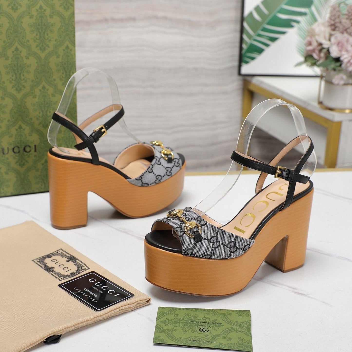 GG HORSEBIT WEDGE SANDAL IN BLACK MONOGRAM JACQUARD FABRIC AND SHEEPSKIN LINING - 35