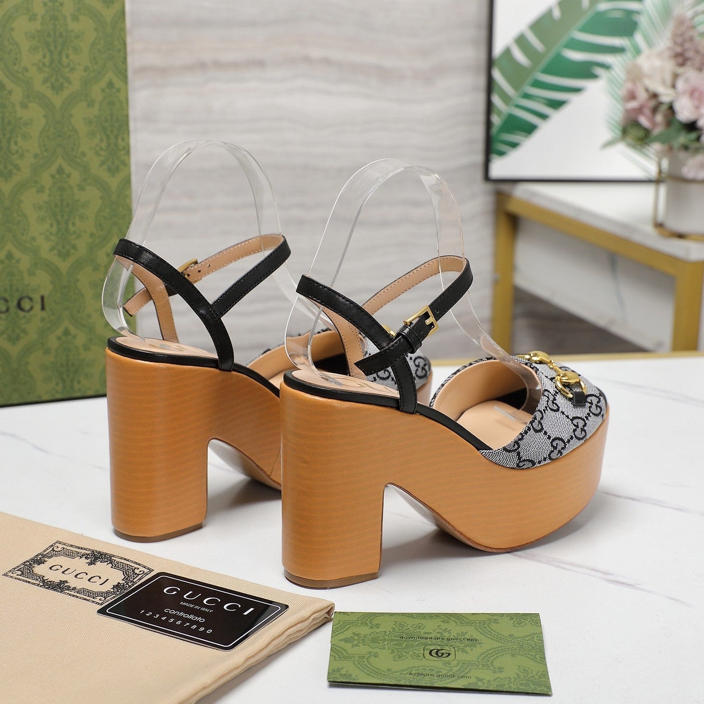 GG HORSEBIT WEDGE SANDAL IN BLACK MONOGRAM JACQUARD FABRIC AND SHEEPSKIN LINING - 35