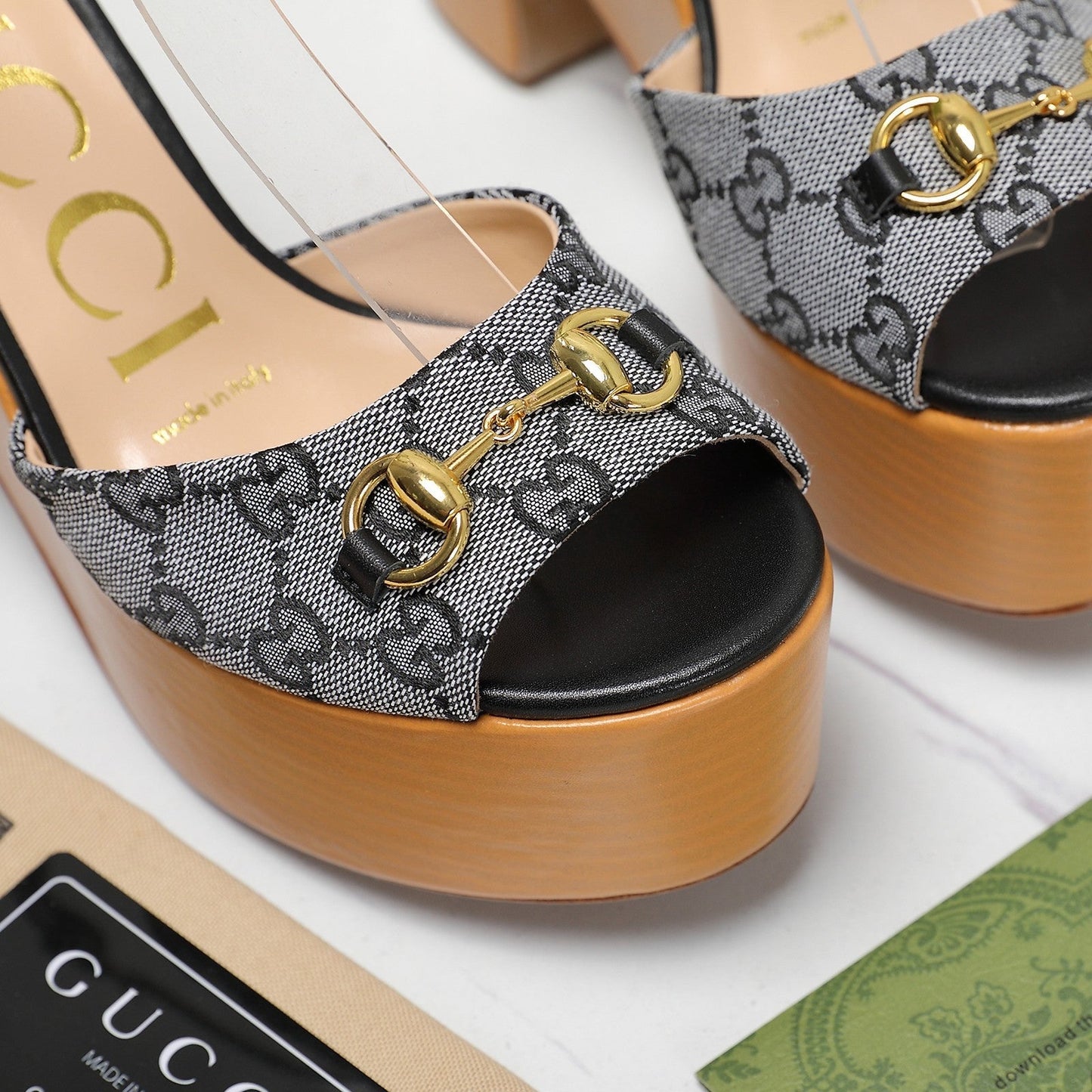 GG HORSEBIT WEDGE SANDAL IN BLACK MONOGRAM JACQUARD FABRIC AND SHEEPSKIN LINING - 35