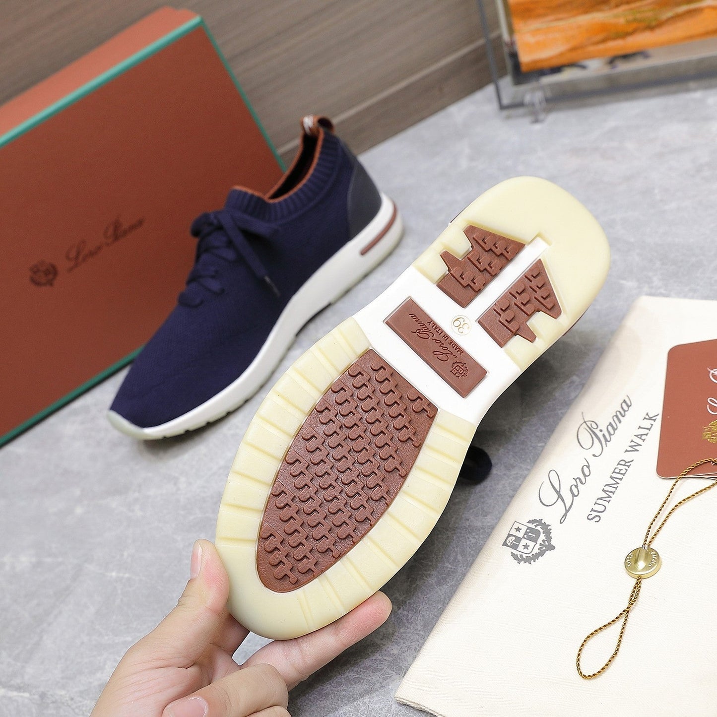 LP LADY FLEXY WALK SNEAKER NAVY BLUE AND ORANGE WOOL CALFSKIN - 35