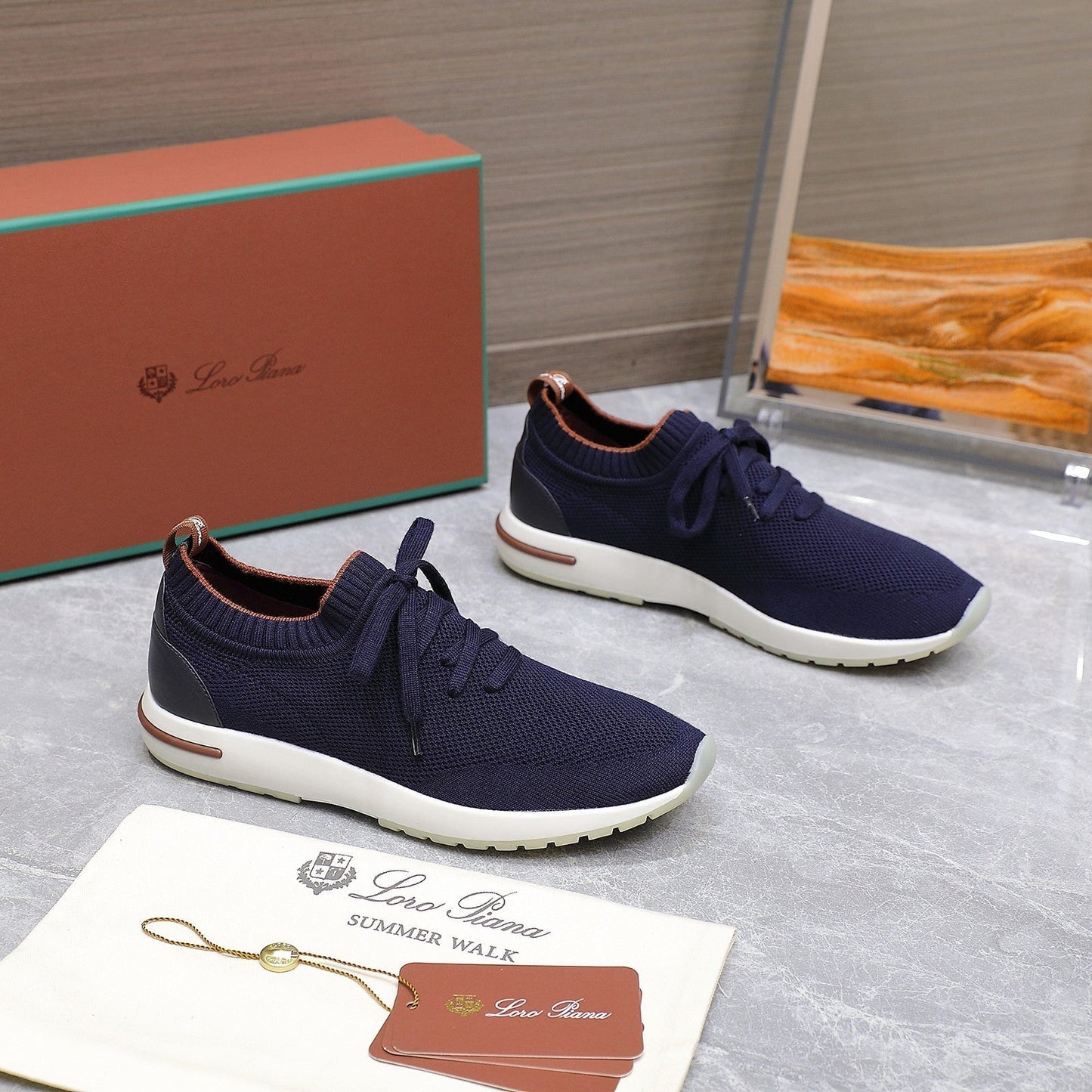 LP LADY FLEXY WALK SNEAKER NAVY BLUE AND ORANGE WOOL CALFSKIN - 35