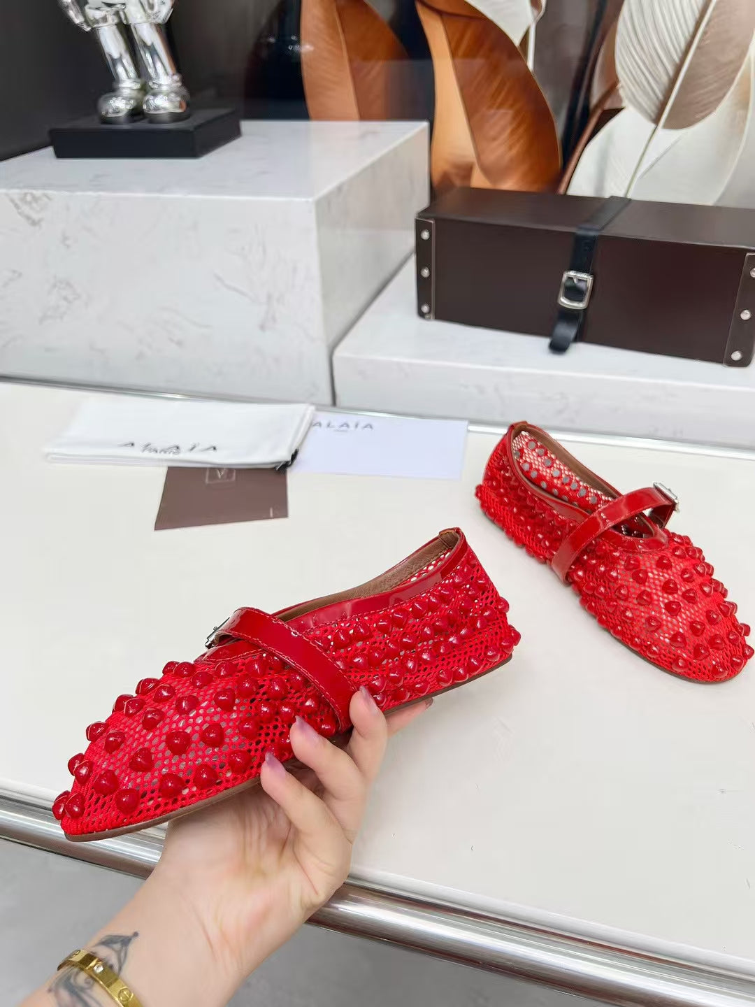 ALAIA MARY JANE SHOES IN CHERRY RED STUDDED FISHNET MESH AND CALFSKIN - 35