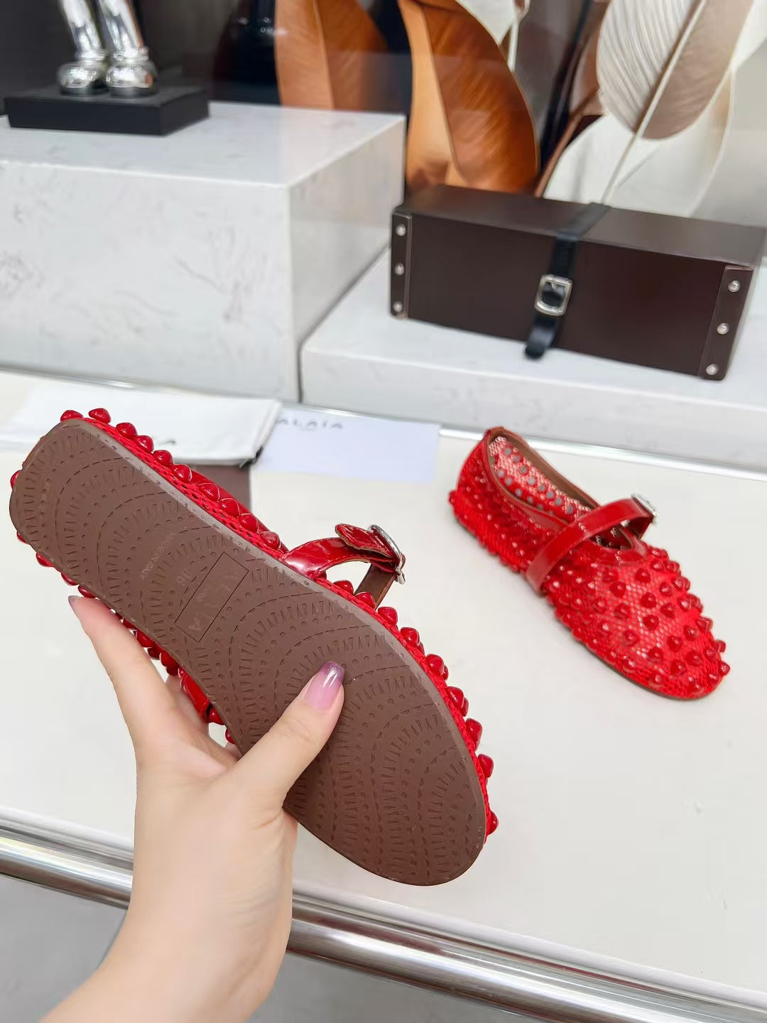 ALAIA MARY JANE SHOES IN CHERRY RED STUDDED FISHNET MESH AND CALFSKIN - 35