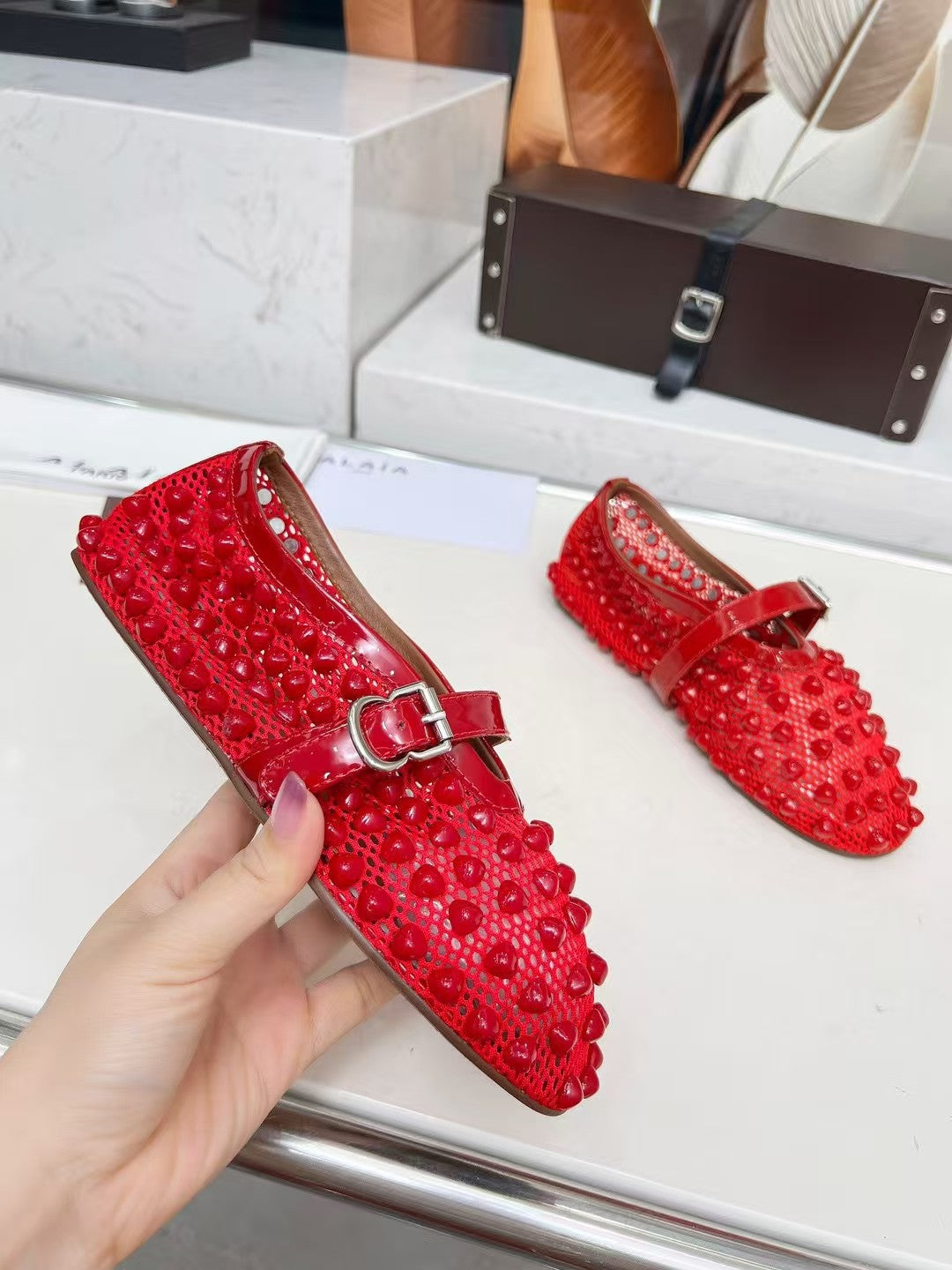 ALAIA MARY JANE SHOES IN CHERRY RED STUDDED FISHNET MESH AND CALFSKIN - 35
