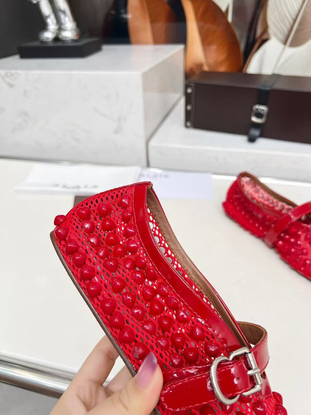 ALAIA MARY JANE SHOES IN CHERRY RED STUDDED FISHNET MESH AND CALFSKIN - 35