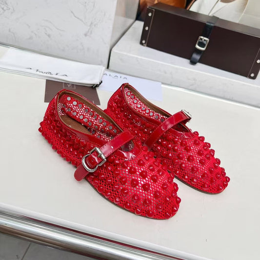 ALAIA MARY JANE SHOES IN CHERRY RED STUDDED FISHNET MESH AND CALFSKIN - 35