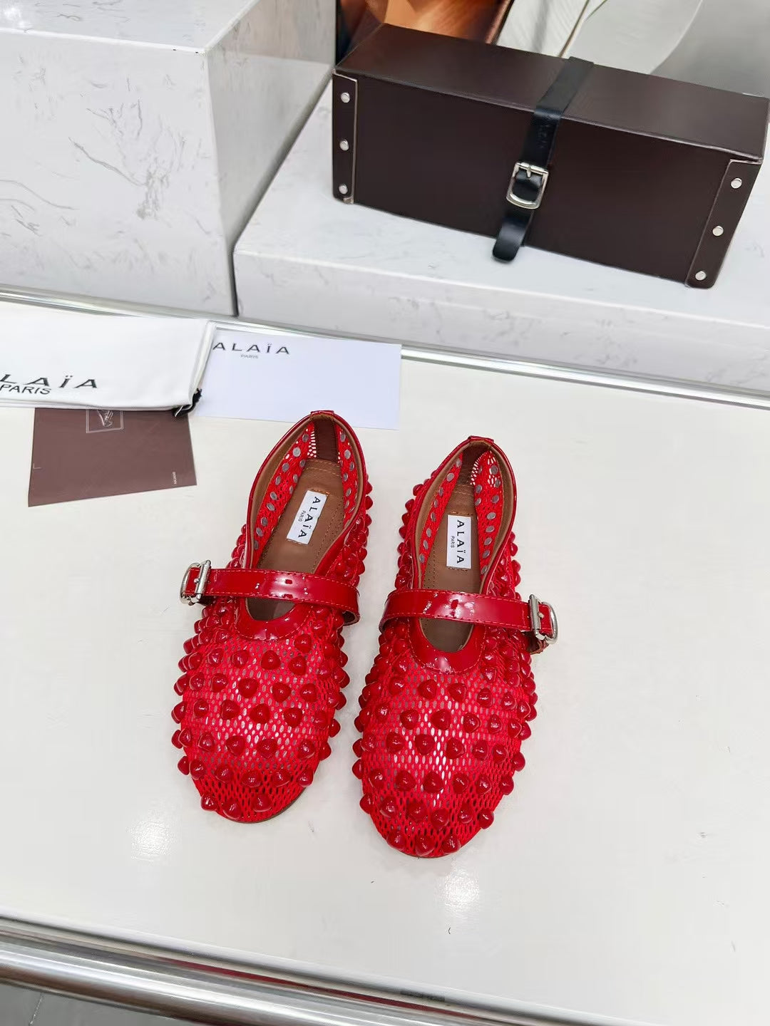 ALAIA MARY JANE SHOES IN CHERRY RED STUDDED FISHNET MESH AND CALFSKIN - 35