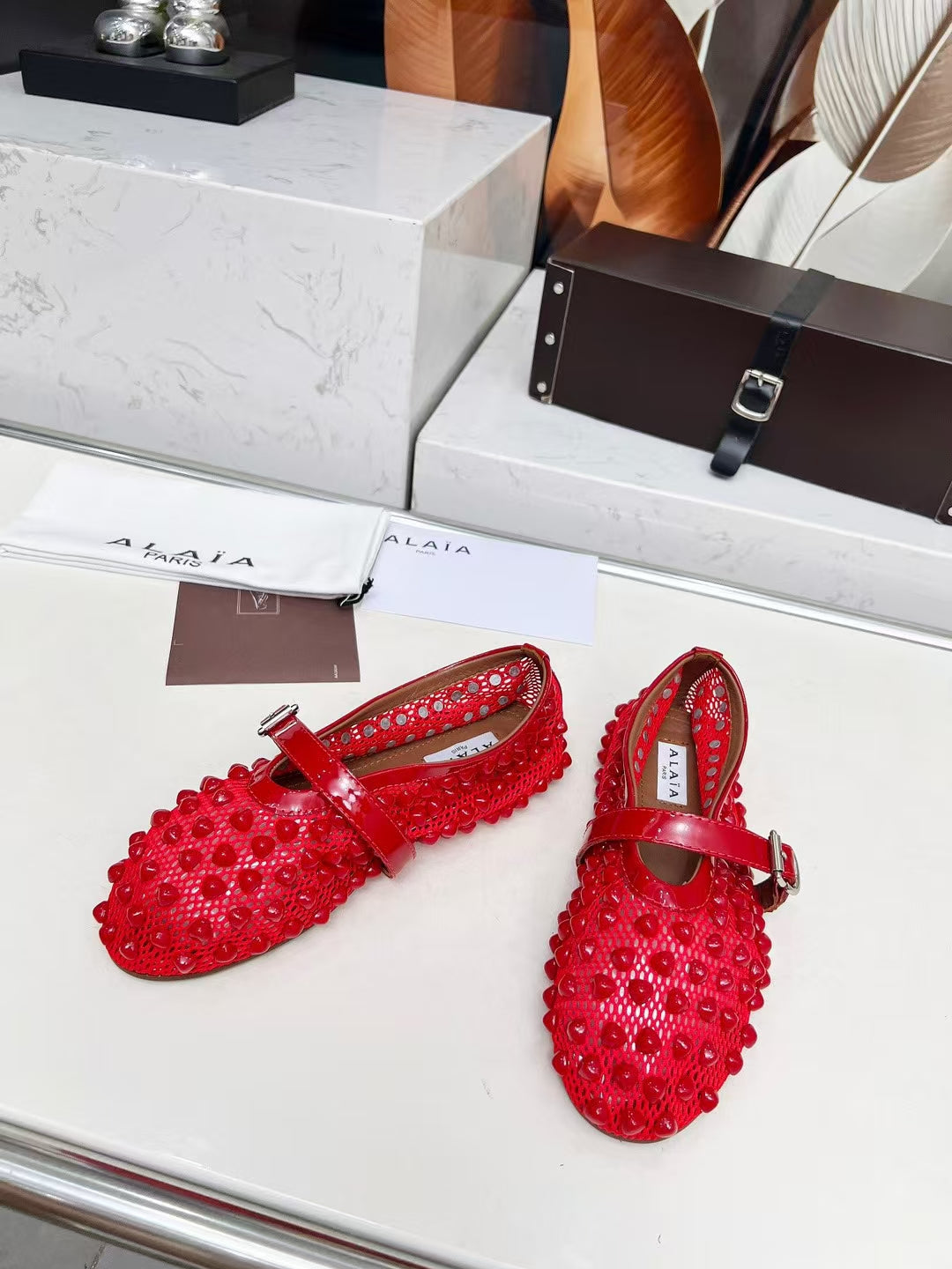 ALAIA MARY JANE SHOES IN CHERRY RED STUDDED FISHNET MESH AND CALFSKIN - 35