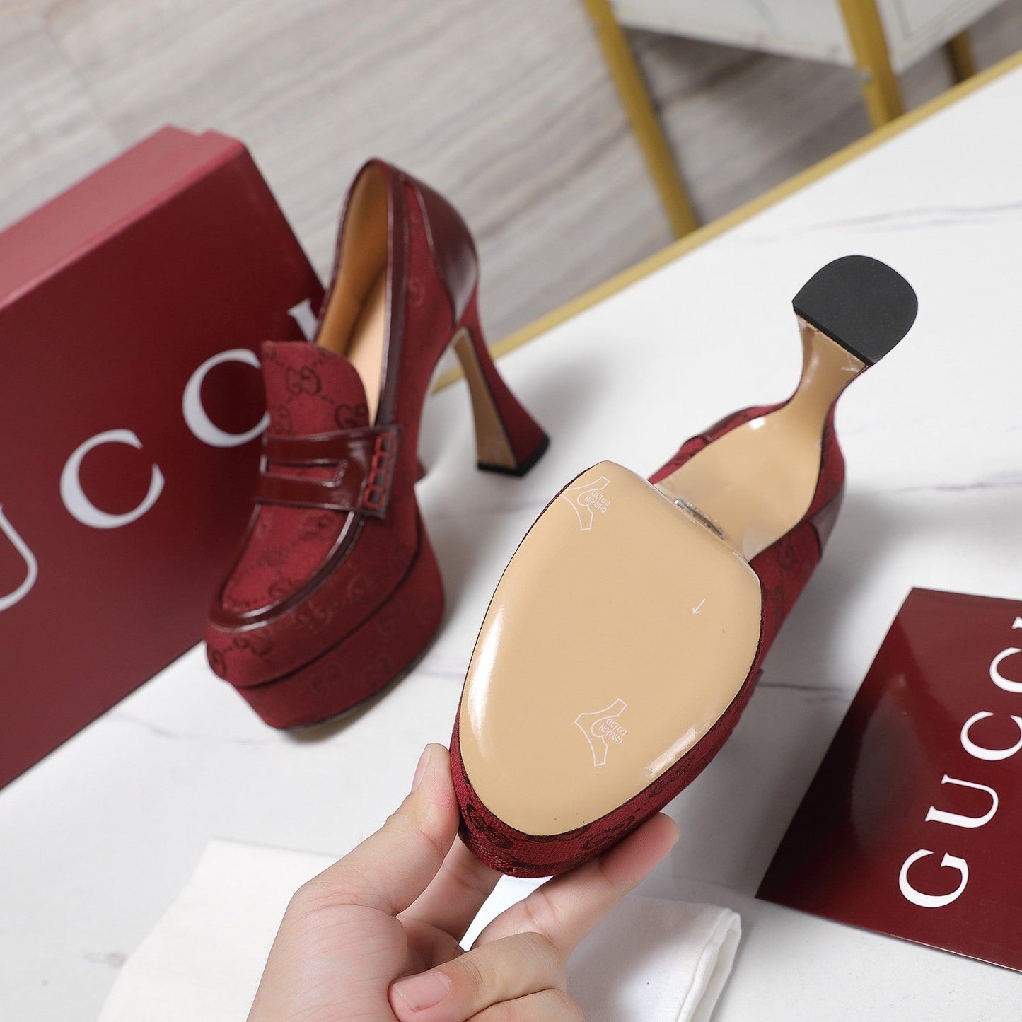 GG CLASSIC HIGH HEELS 110 IN DARK RED WITH LOGO PRINT - 35