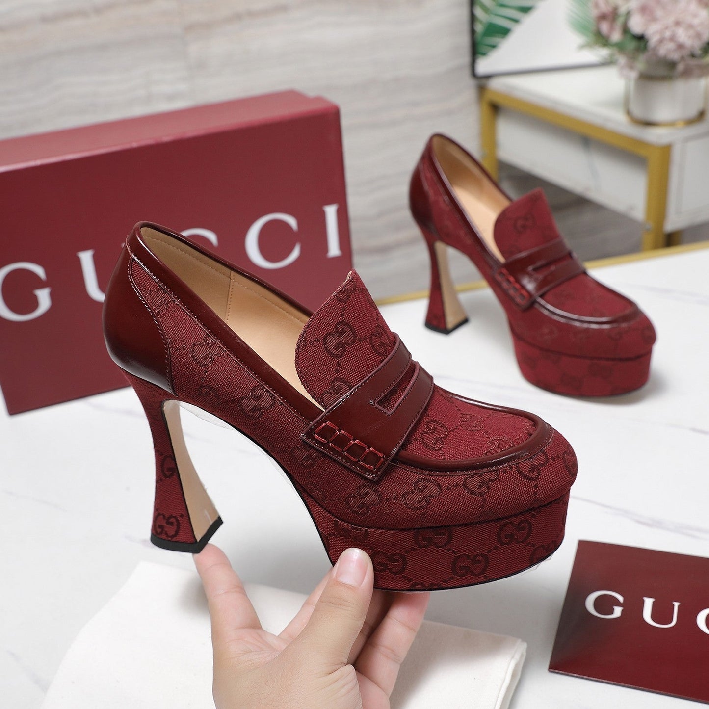 GG CLASSIC HIGH HEELS 110 IN DARK RED WITH LOGO PRINT - 35