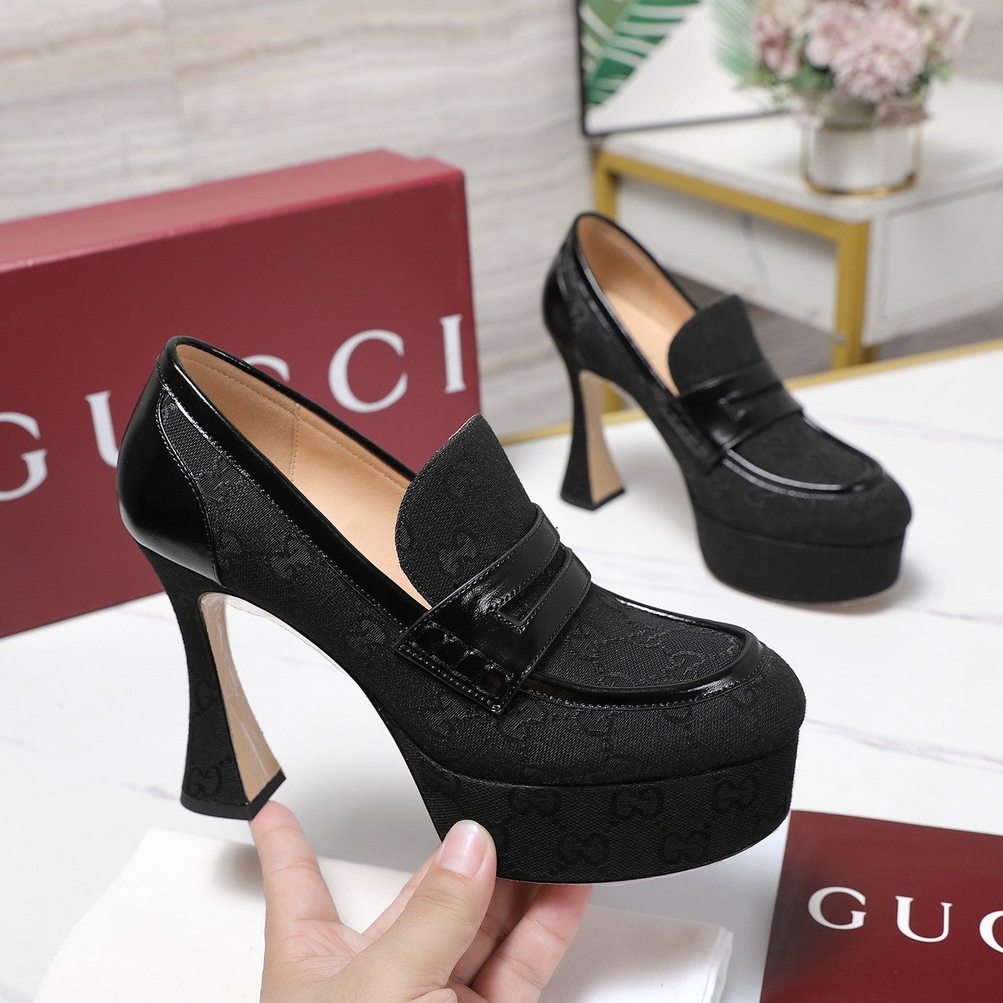 GG CLASSIC HIGH HEELS 110 IN BLACK WITH LOGO PRINT - 35