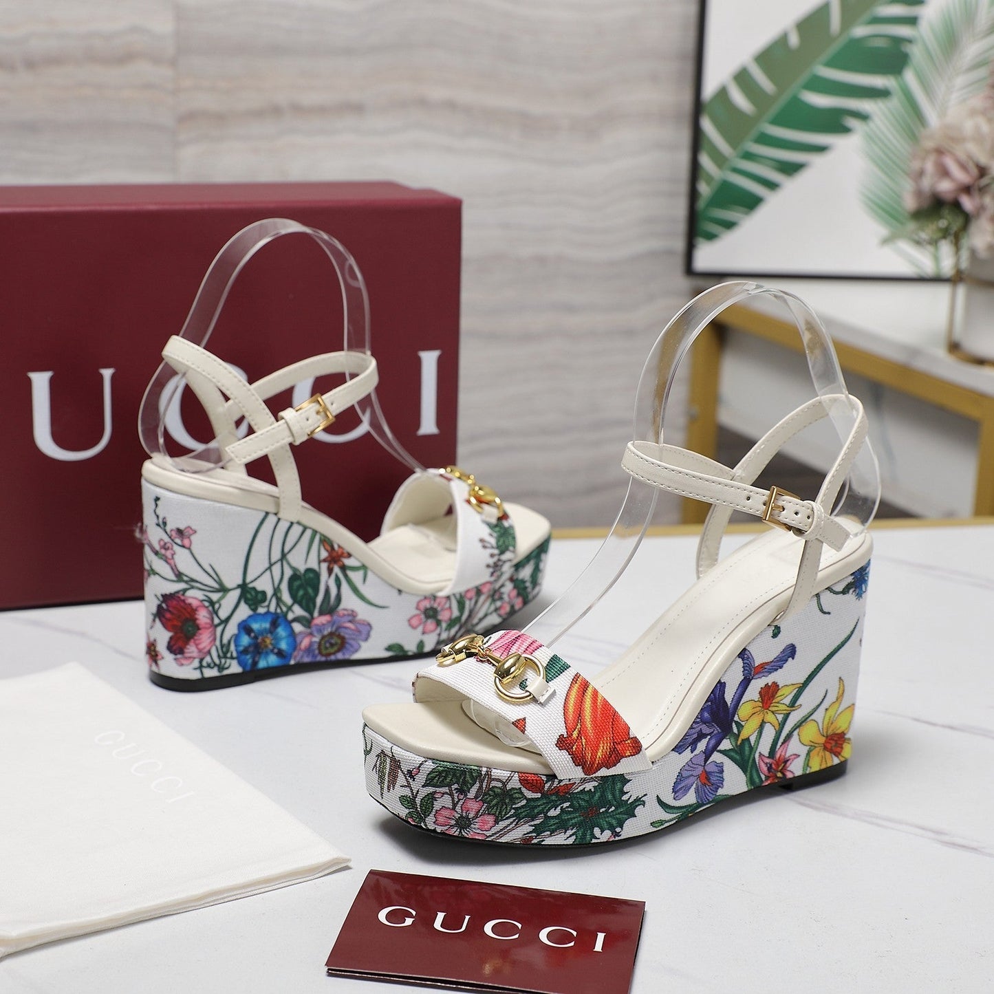 GG WEDGE HEEL SANDALS 100 IN WHITE FABRIC FLORAL PRINT - 35