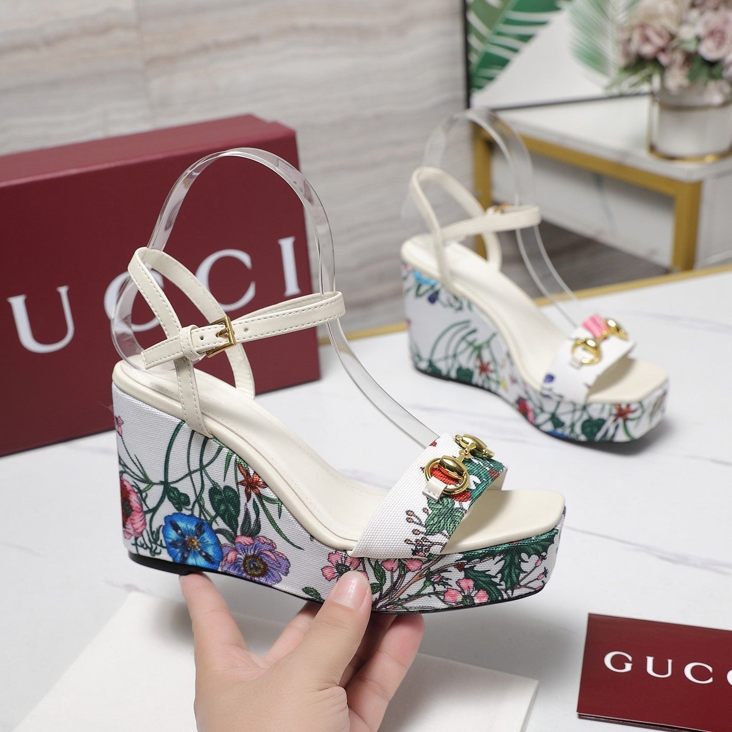 GG WEDGE HEEL SANDALS 100 IN WHITE FABRIC FLORAL PRINT - 35