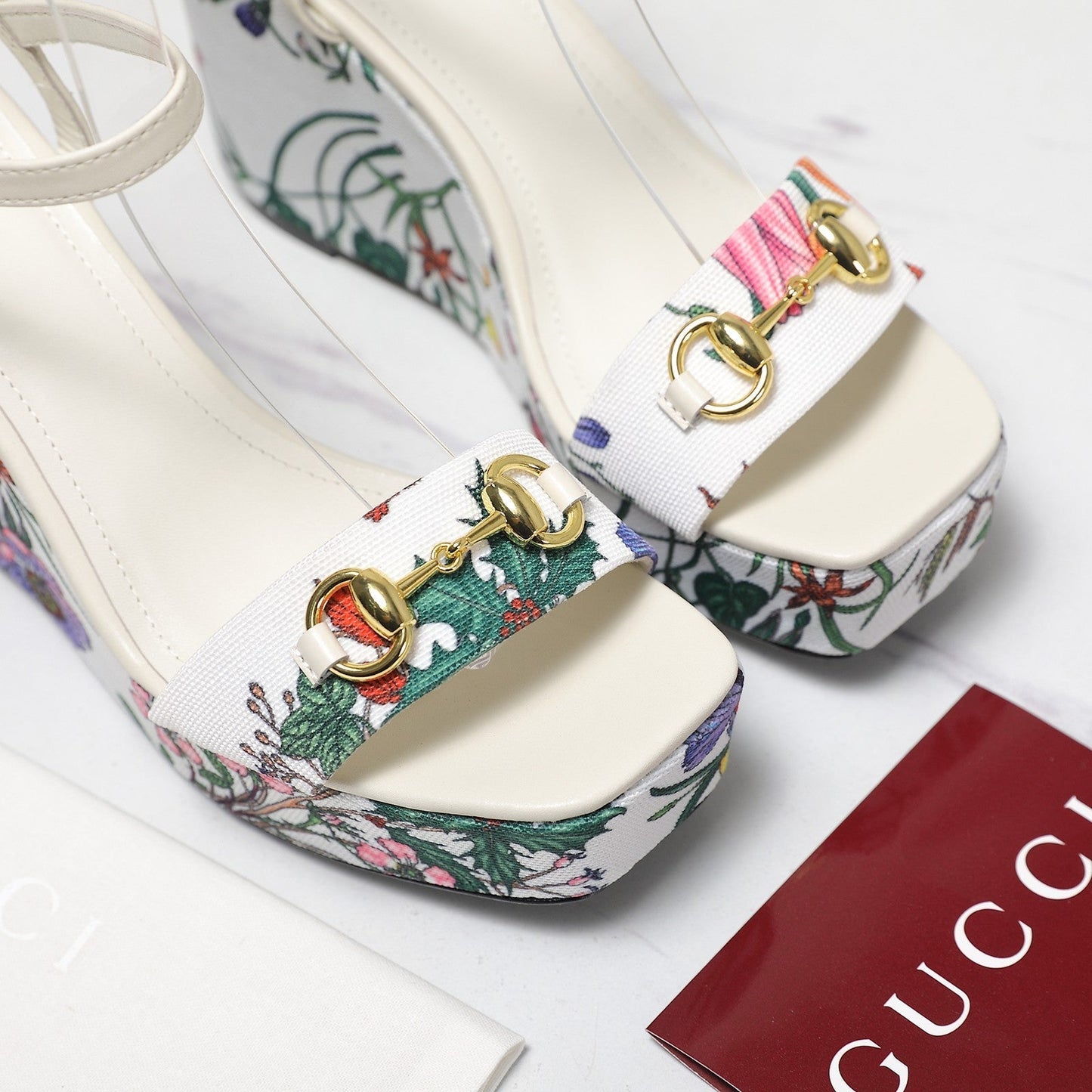 GG WEDGE HEEL SANDALS 100 IN WHITE FABRIC FLORAL PRINT - 35