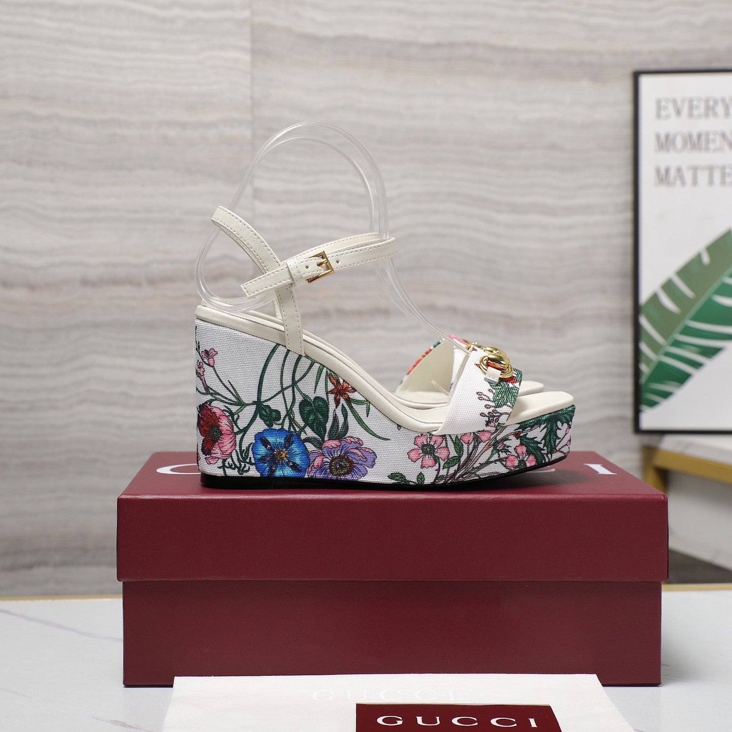 GG WEDGE HEEL SANDALS 100 IN WHITE FABRIC FLORAL PRINT - 35