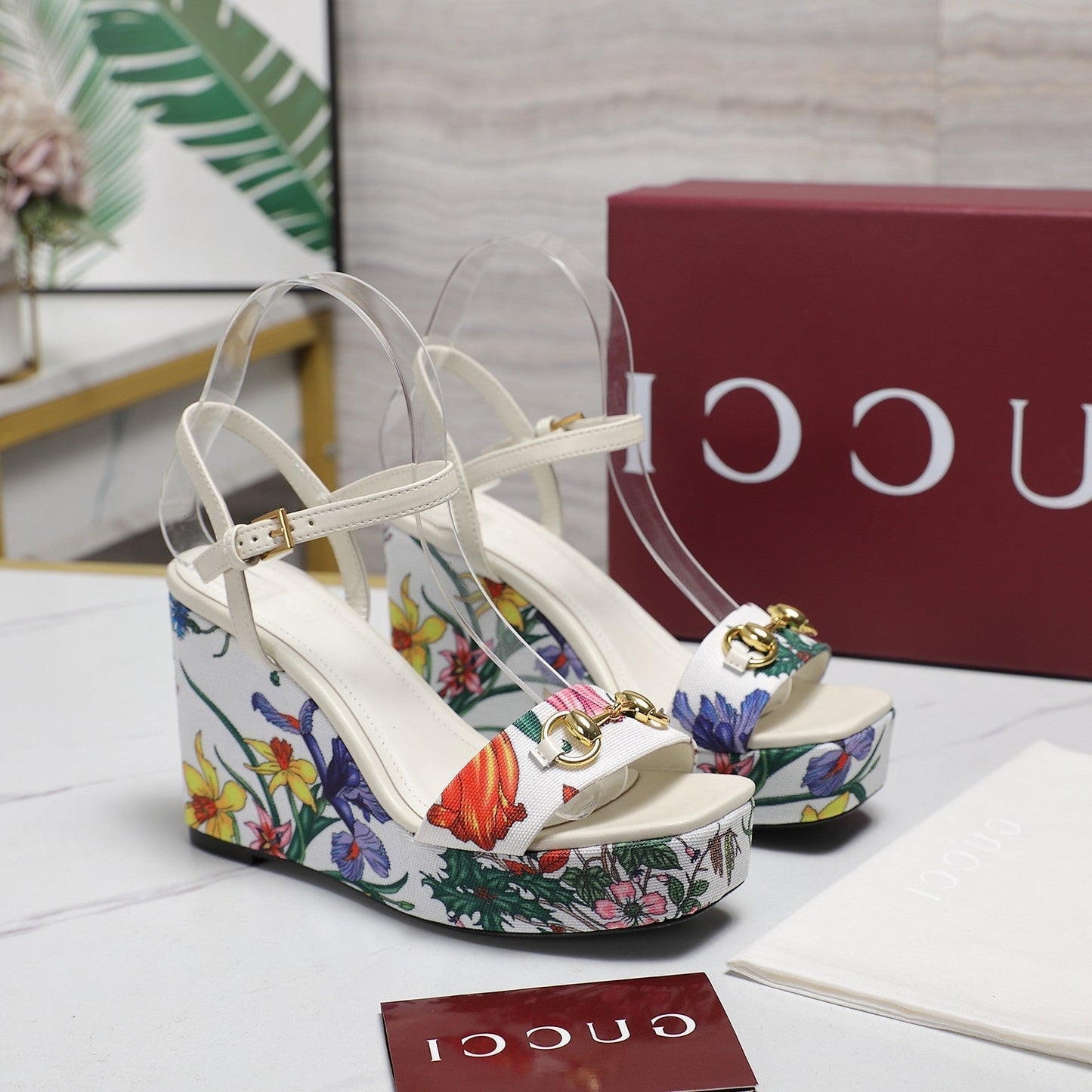 GG WEDGE HEEL SANDALS 100 IN WHITE FABRIC FLORAL PRINT - 35