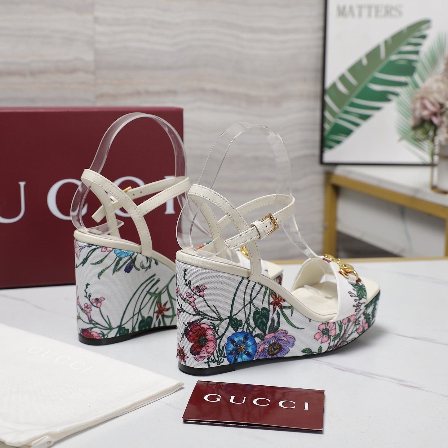 GG WEDGE HEEL SANDALS 100 IN WHITE FABRIC FLORAL PRINT - 35