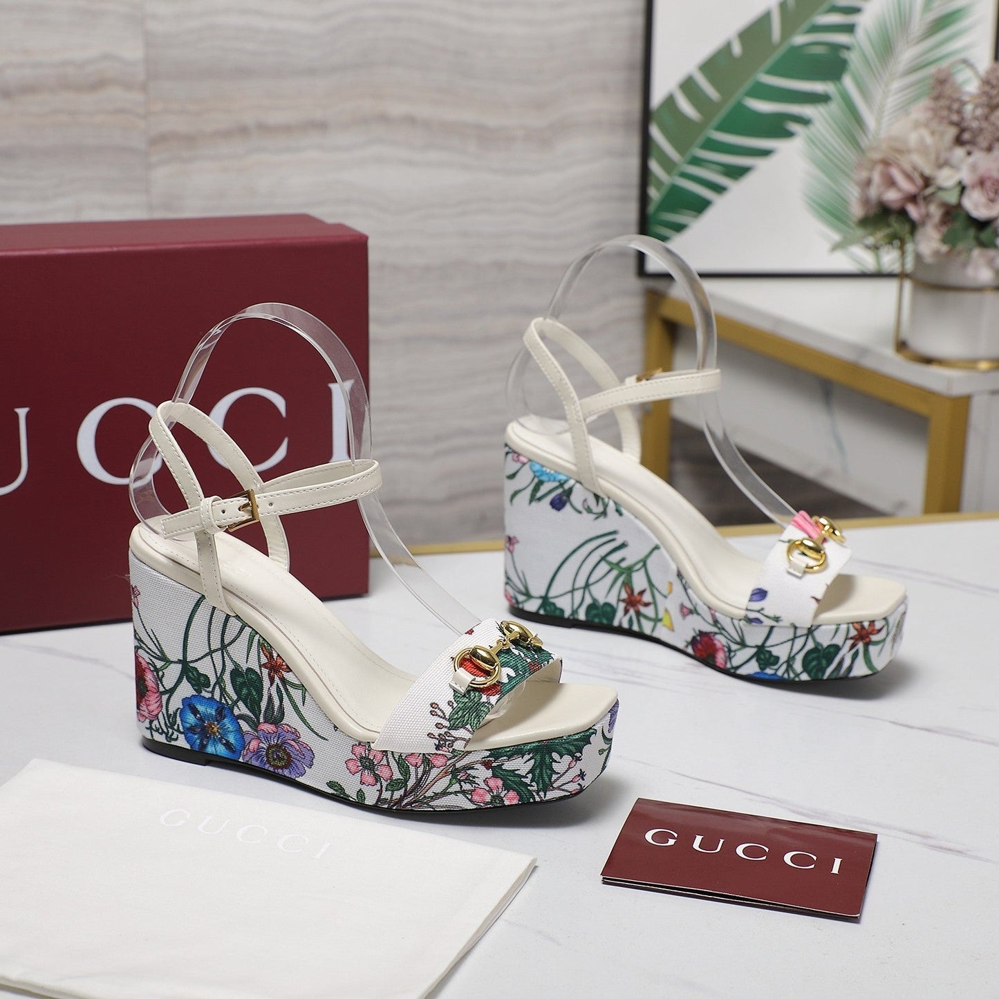 GG WEDGE HEEL SANDALS 100 IN WHITE FABRIC FLORAL PRINT - 35