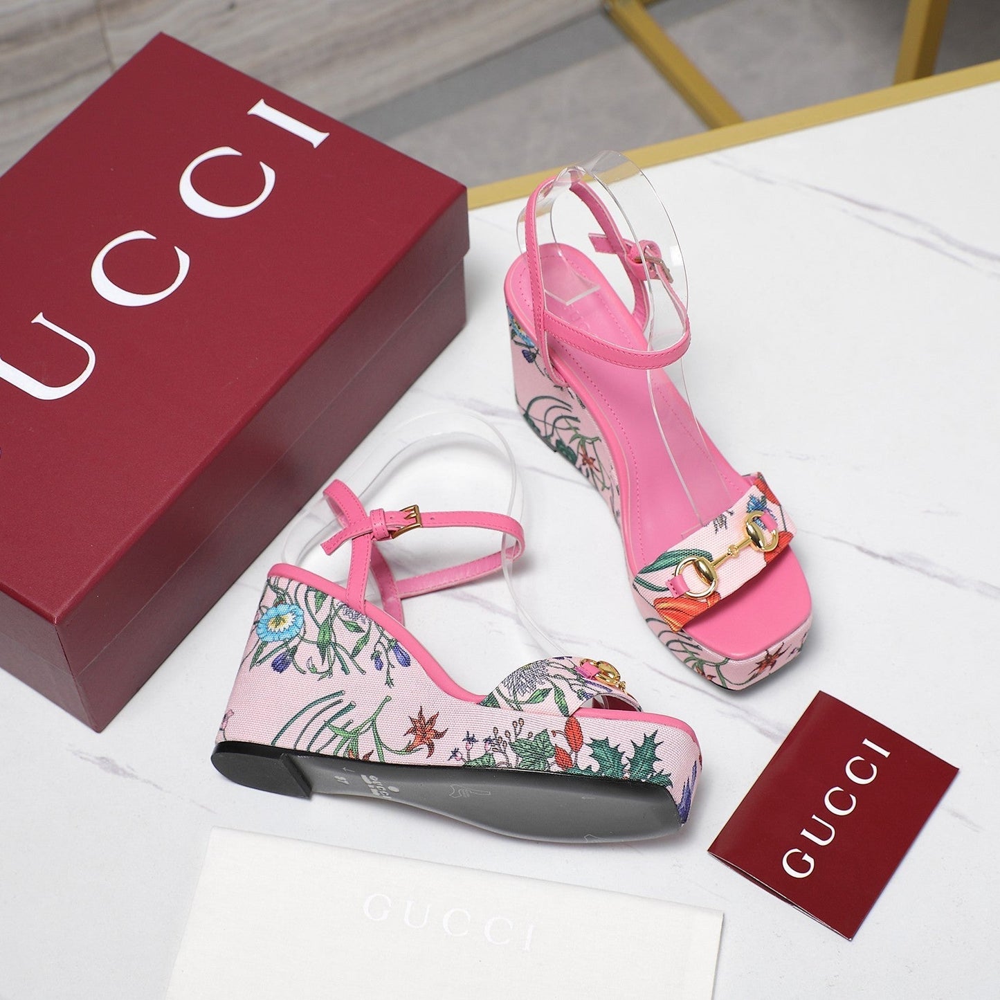 GG WEDGE HEEL SANDALS 100 IN PINK FABRIC FLORAL PRINT - 35