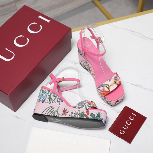 GG WEDGE HEEL SANDALS 100 IN PINK FABRIC FLORAL PRINT - 35