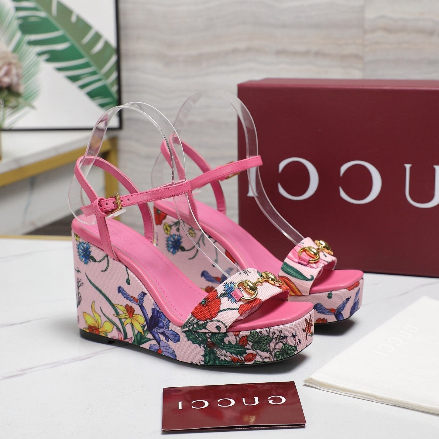 GG WEDGE HEEL SANDALS 100 IN PINK FABRIC FLORAL PRINT - 35