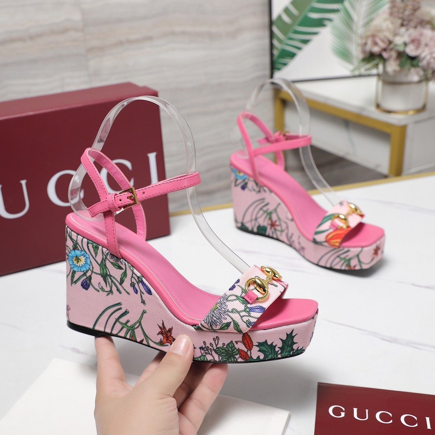 GG WEDGE HEEL SANDALS 100 IN PINK FABRIC FLORAL PRINT - 35