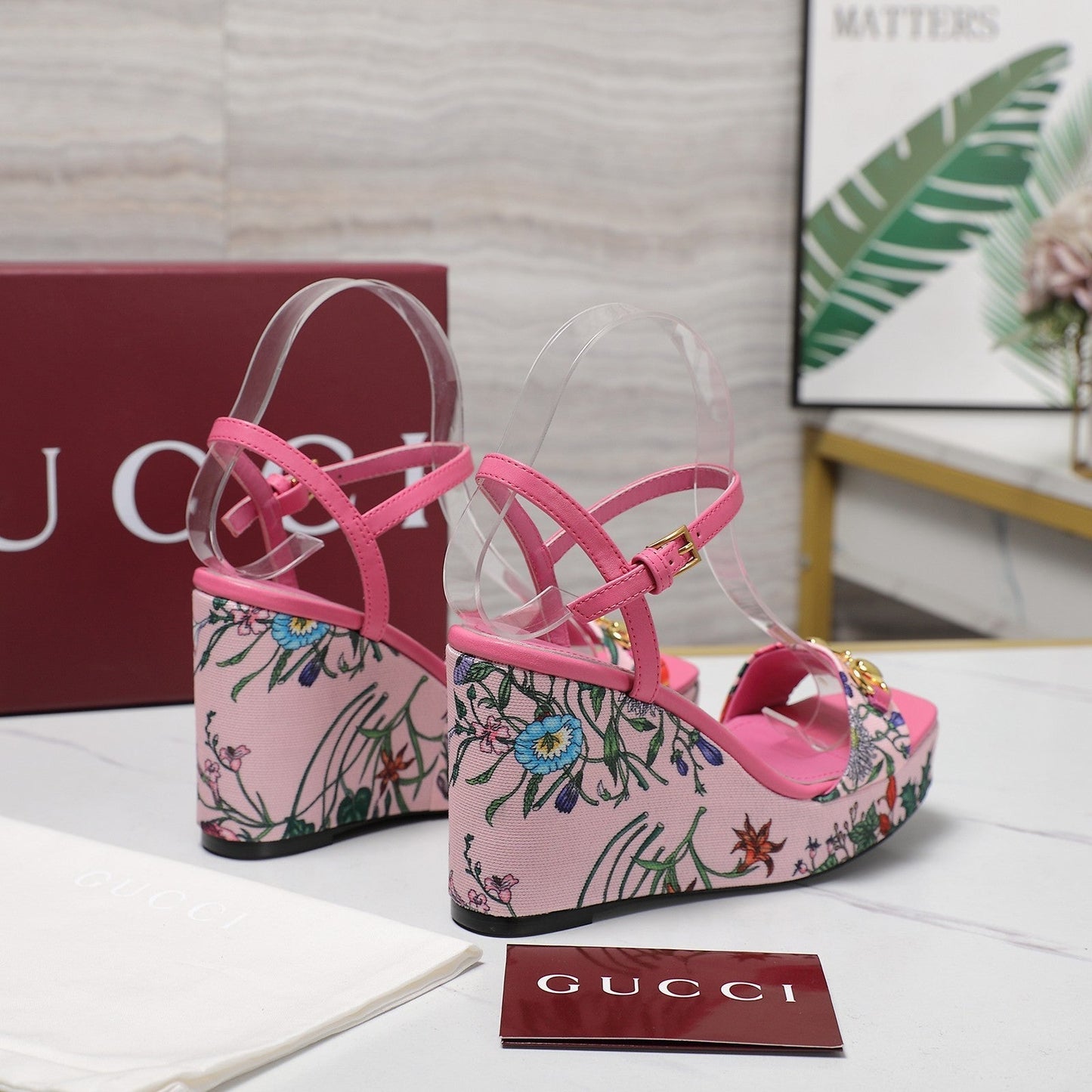 GG WEDGE HEEL SANDALS 100 IN PINK FABRIC FLORAL PRINT - 35