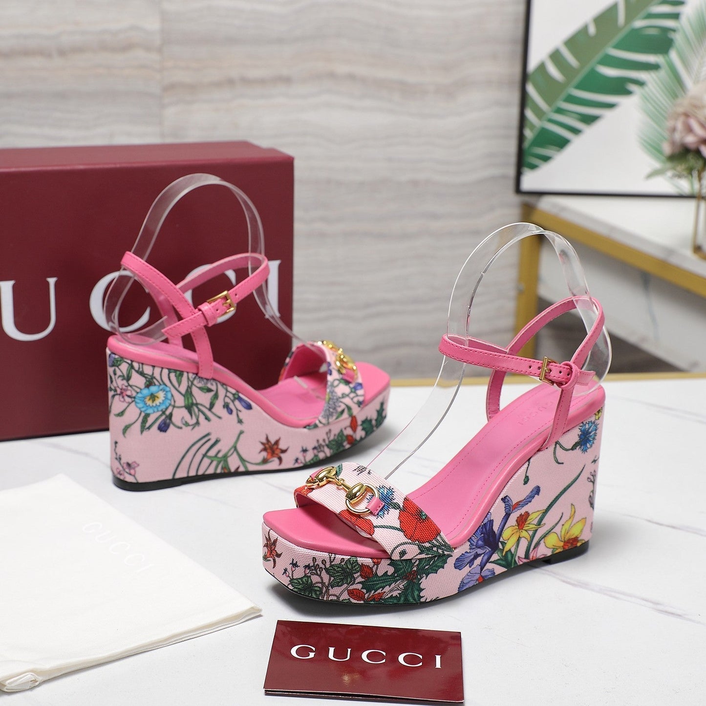 GG WEDGE HEEL SANDALS 100 IN PINK FABRIC FLORAL PRINT - 35