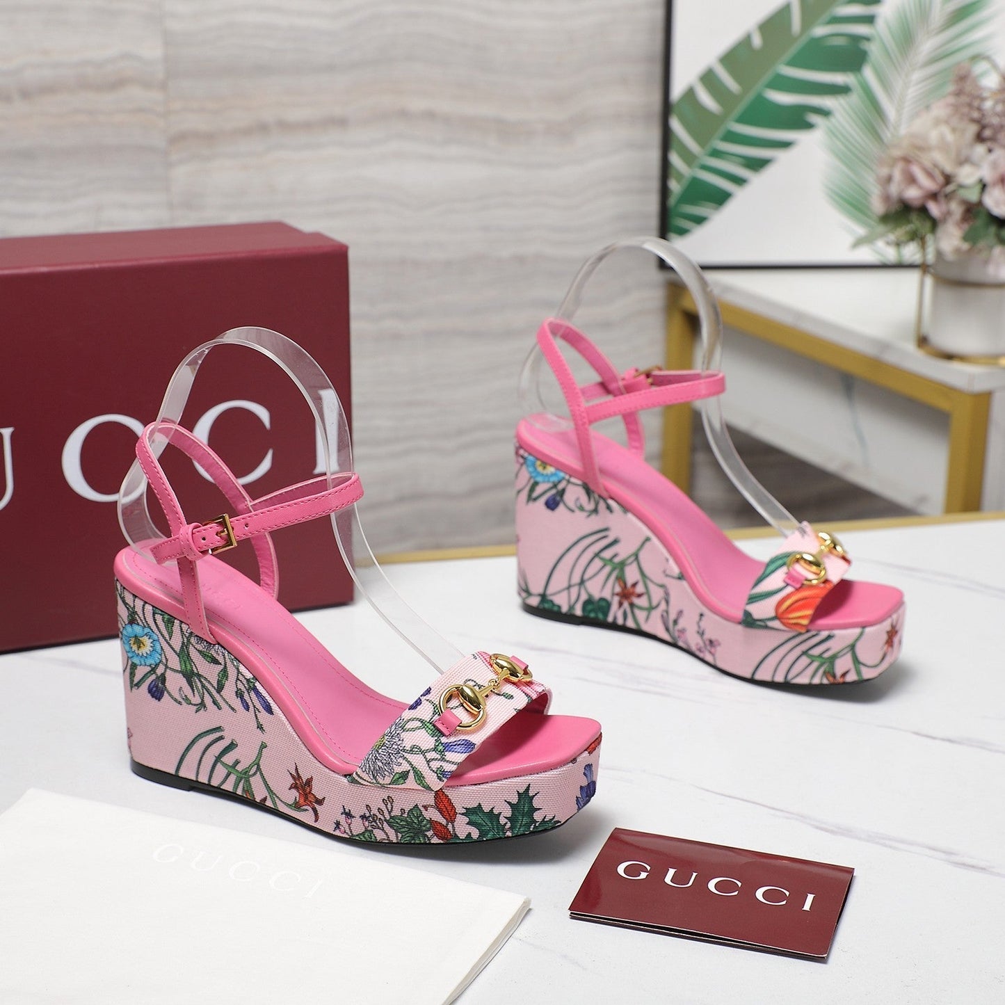 GG WEDGE HEEL SANDALS 100 IN PINK FABRIC FLORAL PRINT - 35