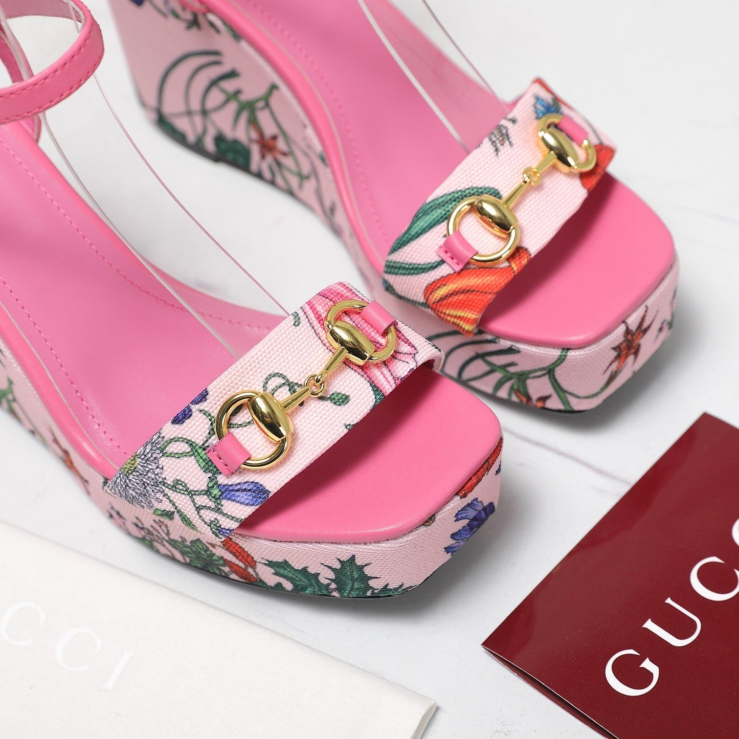 GG WEDGE HEEL SANDALS 100 IN PINK FABRIC FLORAL PRINT - 35