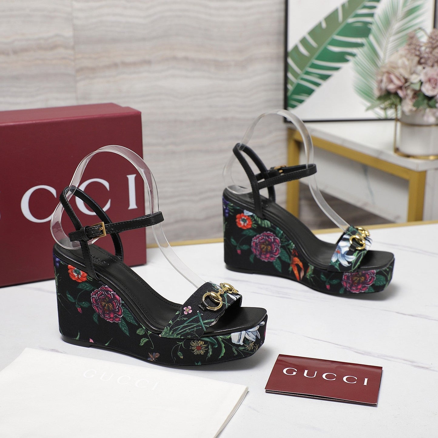 GG WEDGE HEEL SANDALS 100 IN BLACK FABRIC FLORAL PRINT - 35