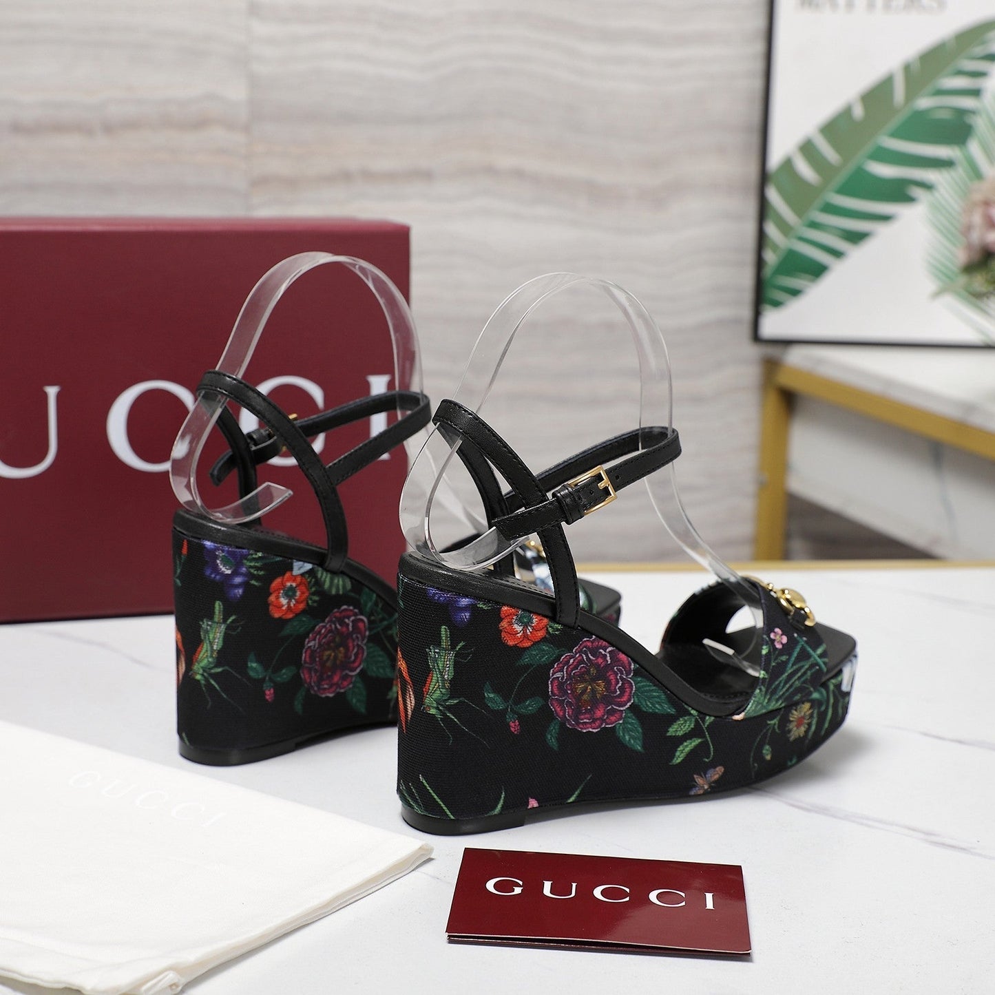 GG WEDGE HEEL SANDALS 100 IN BLACK FABRIC FLORAL PRINT - 35