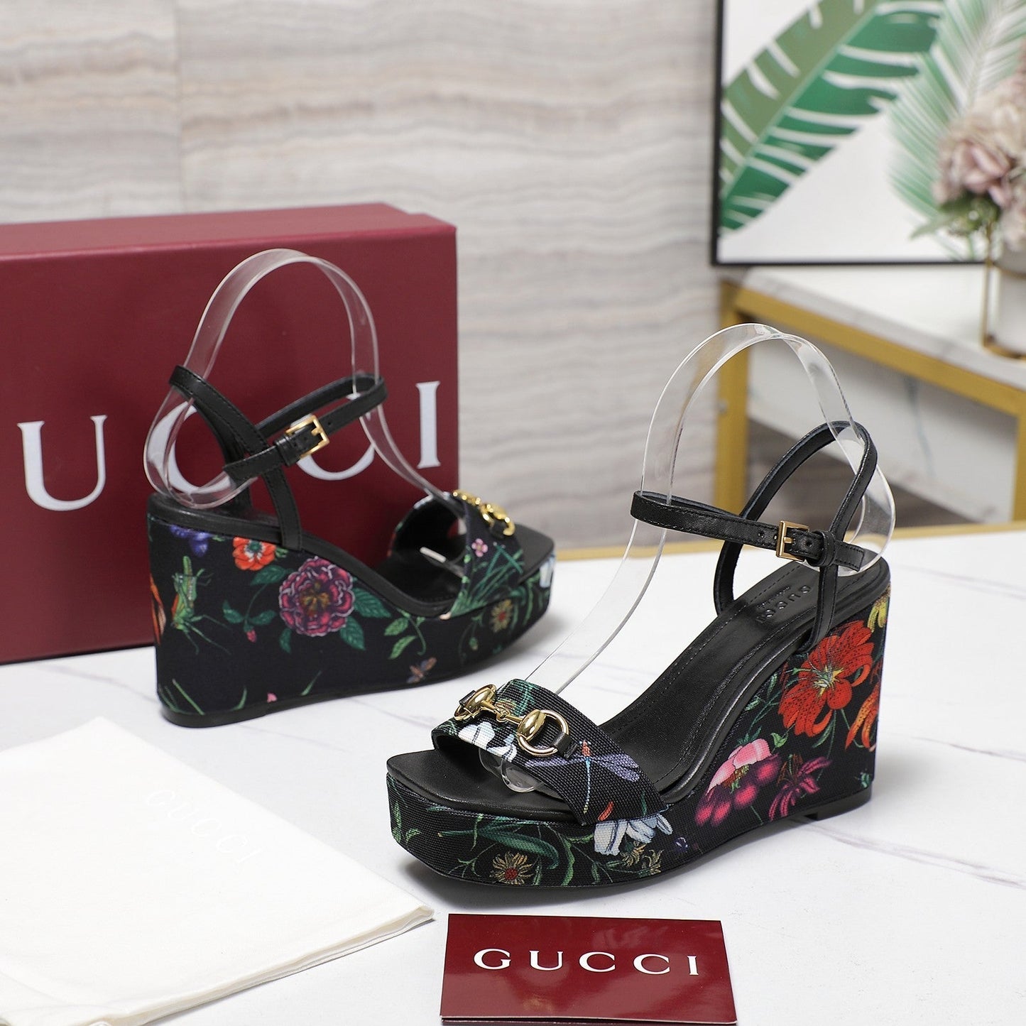 GG WEDGE HEEL SANDALS 100 IN BLACK FABRIC FLORAL PRINT - 35