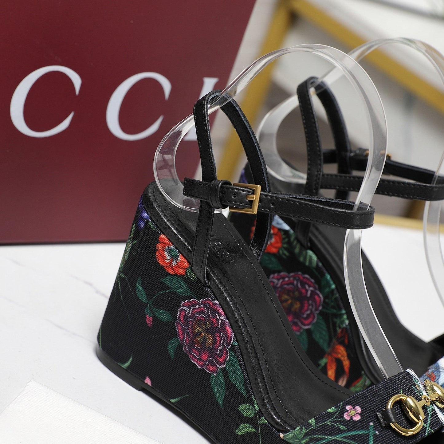 GG WEDGE HEEL SANDALS 100 IN BLACK FABRIC FLORAL PRINT - 35