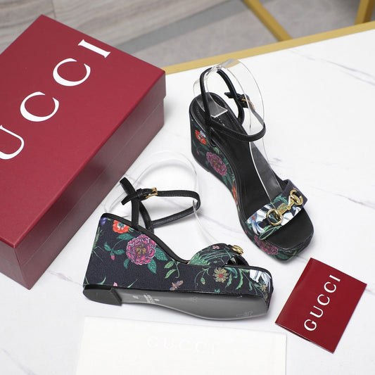 GG WEDGE HEEL SANDALS 100 IN BLACK FABRIC FLORAL PRINT - 35