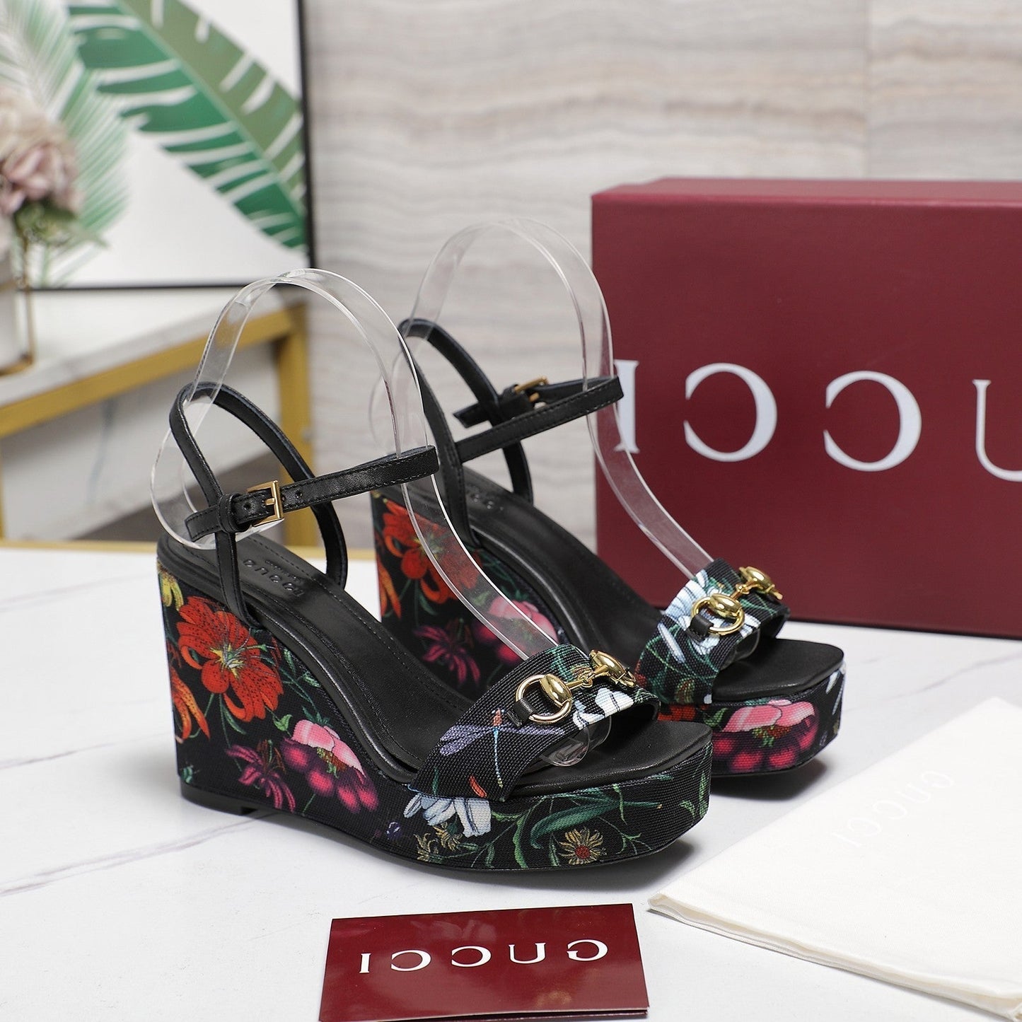 GG WEDGE HEEL SANDALS 100 IN BLACK FABRIC FLORAL PRINT - 35