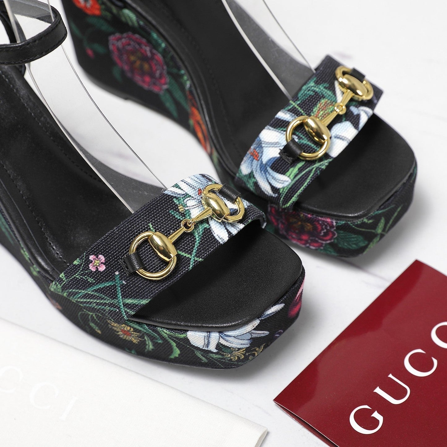 GG WEDGE HEEL SANDALS 100 IN BLACK FABRIC FLORAL PRINT - 35