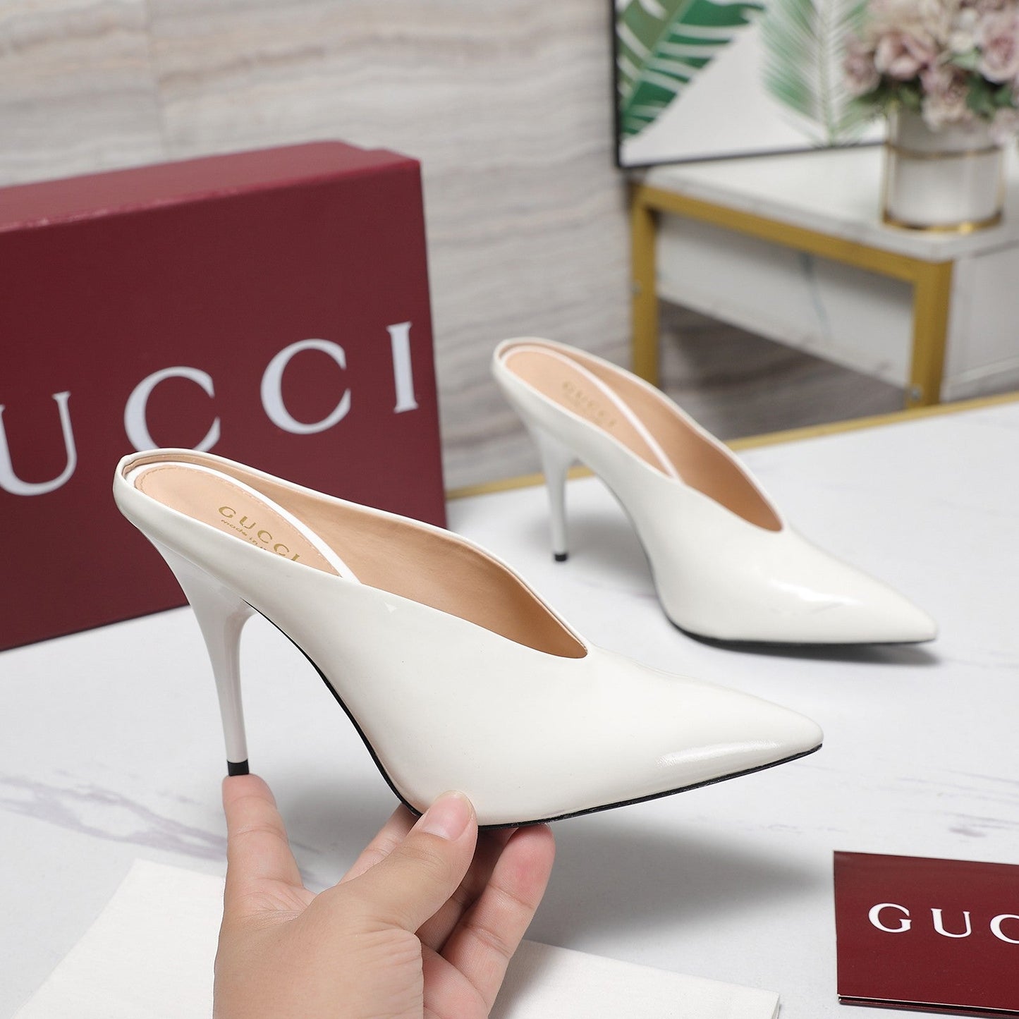 GG HEELED MULES 105 IN WHITE CALFSKIN - 35