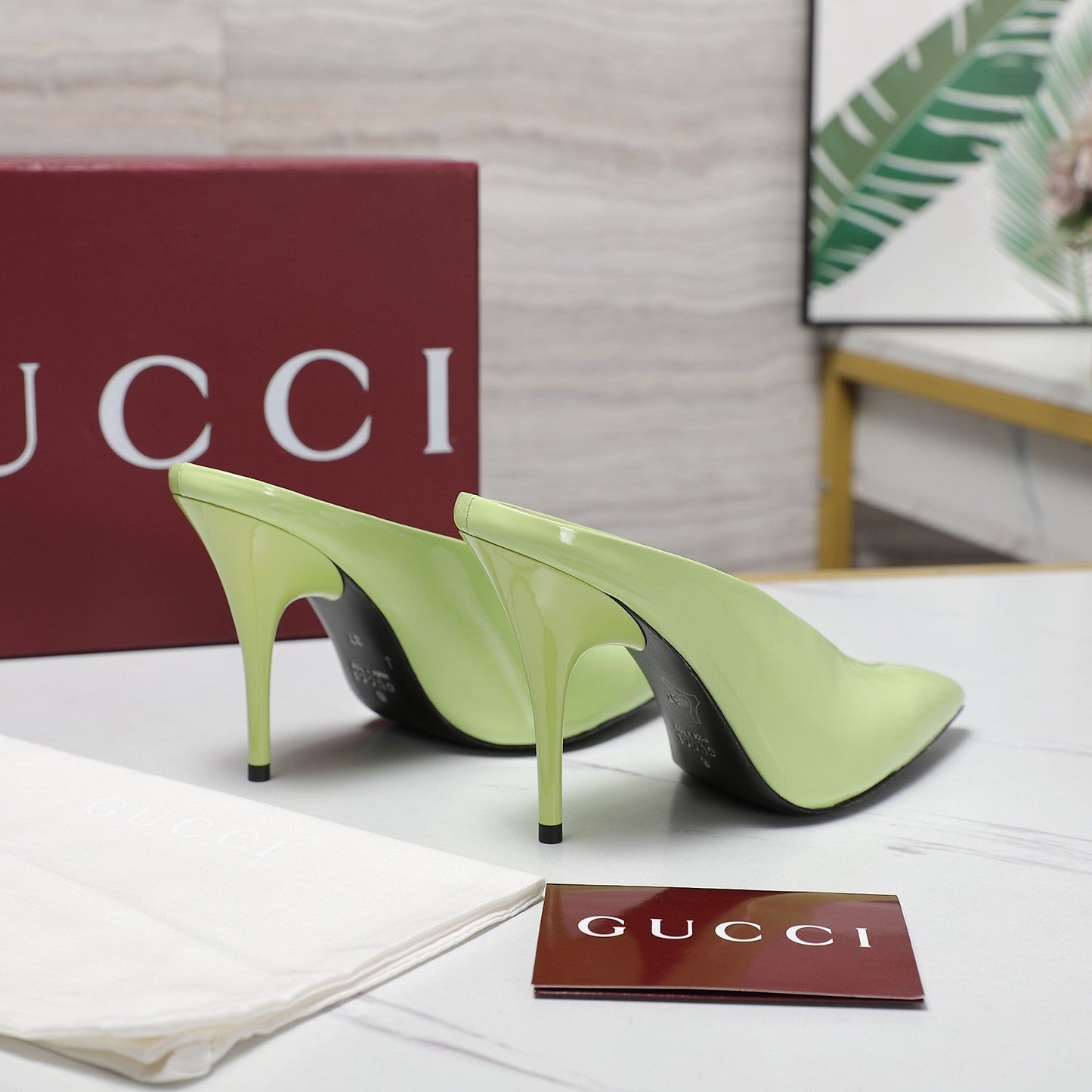 GG HEELED MULES 105 IN PASTEL GREEN CALFSKIN - 35