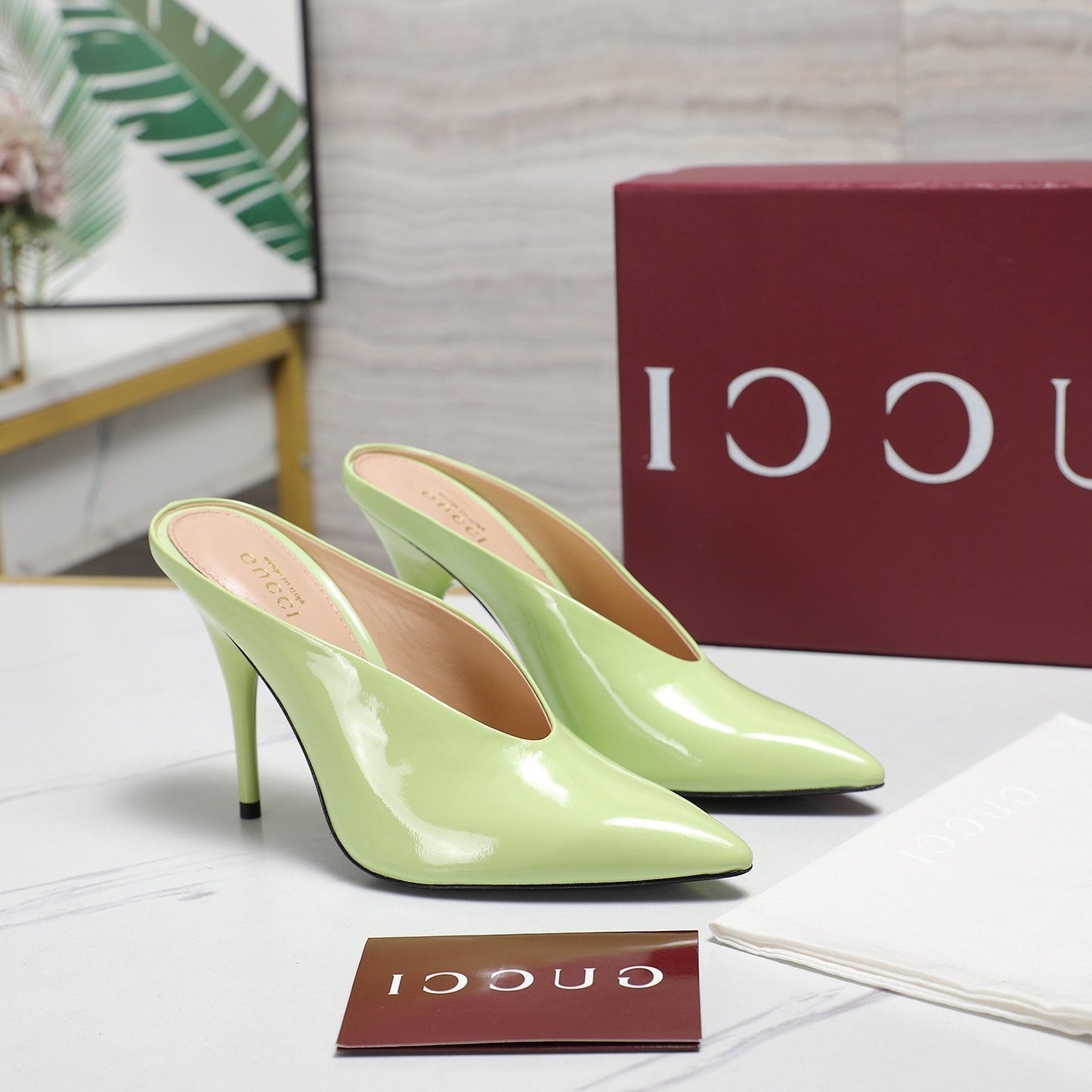 GG HEELED MULES 105 IN PASTEL GREEN CALFSKIN - 35