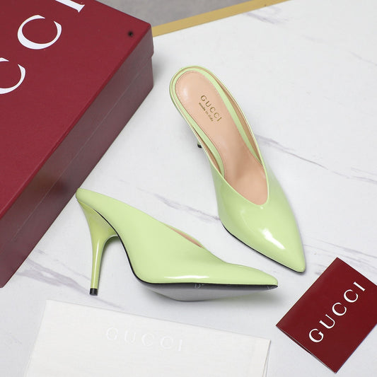 GG HEELED MULES 105 IN PASTEL GREEN CALFSKIN - 35