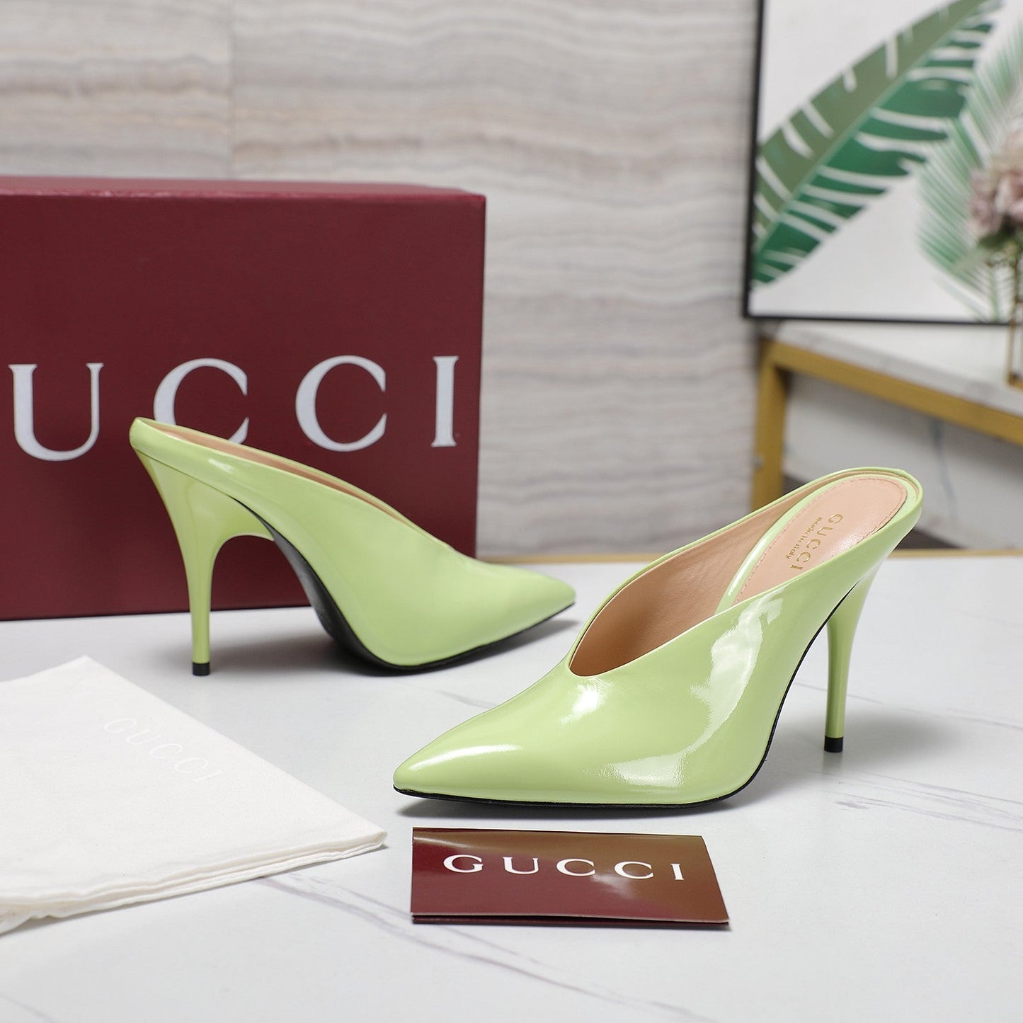 GG HEELED MULES 105 IN PASTEL GREEN CALFSKIN - 35
