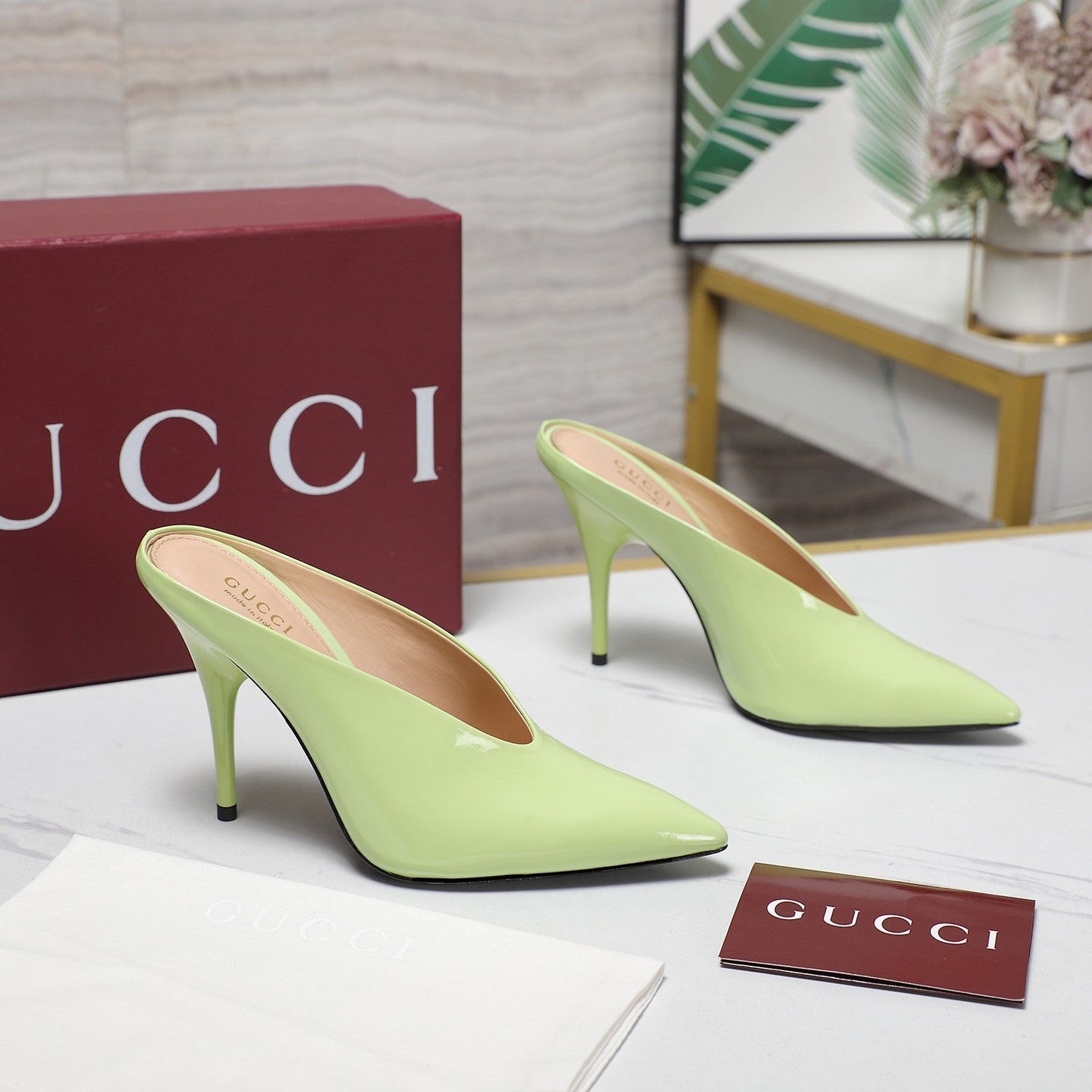 GG HEELED MULES 105 IN PASTEL GREEN CALFSKIN - 35
