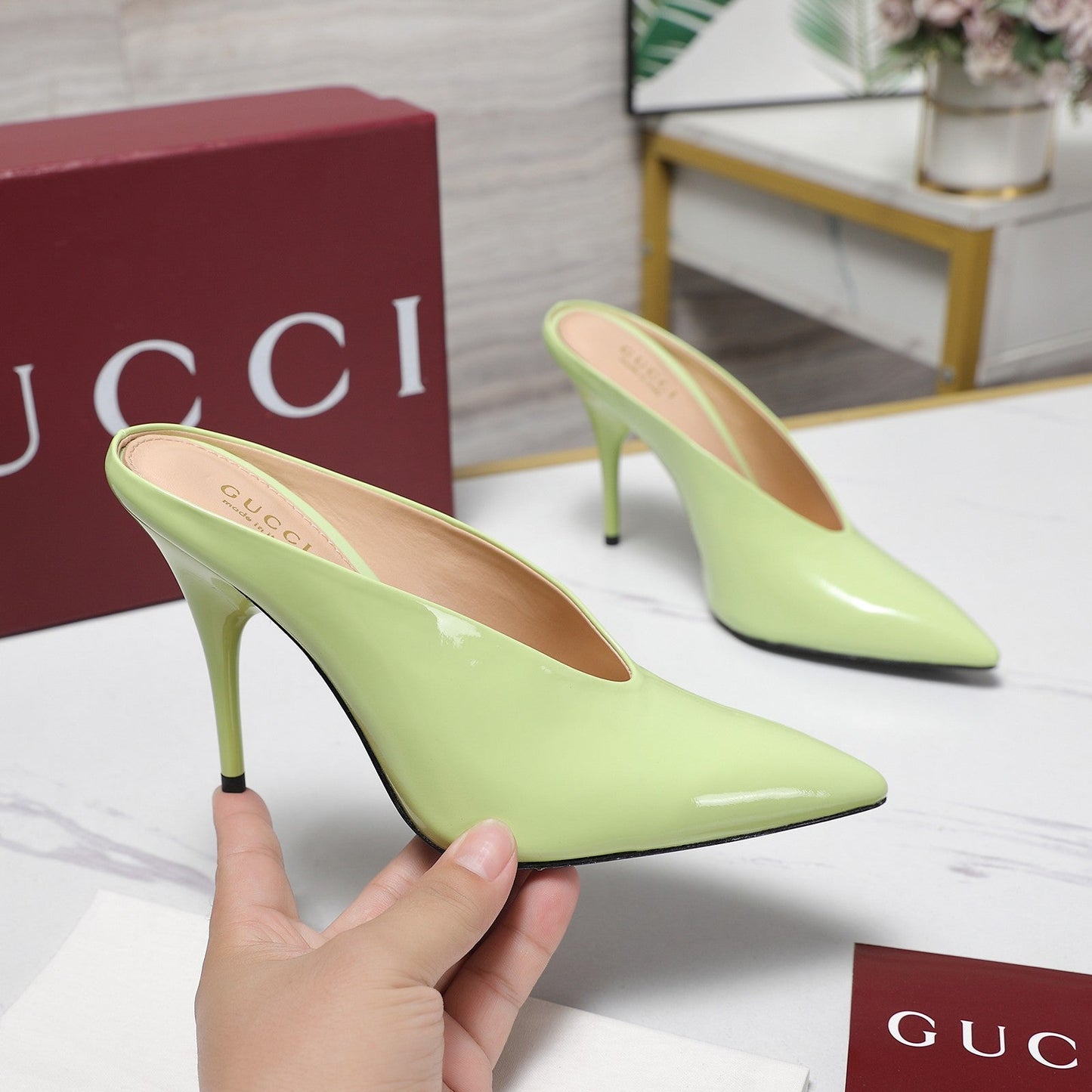 GG HEELED MULES 105 IN PASTEL GREEN CALFSKIN - 35