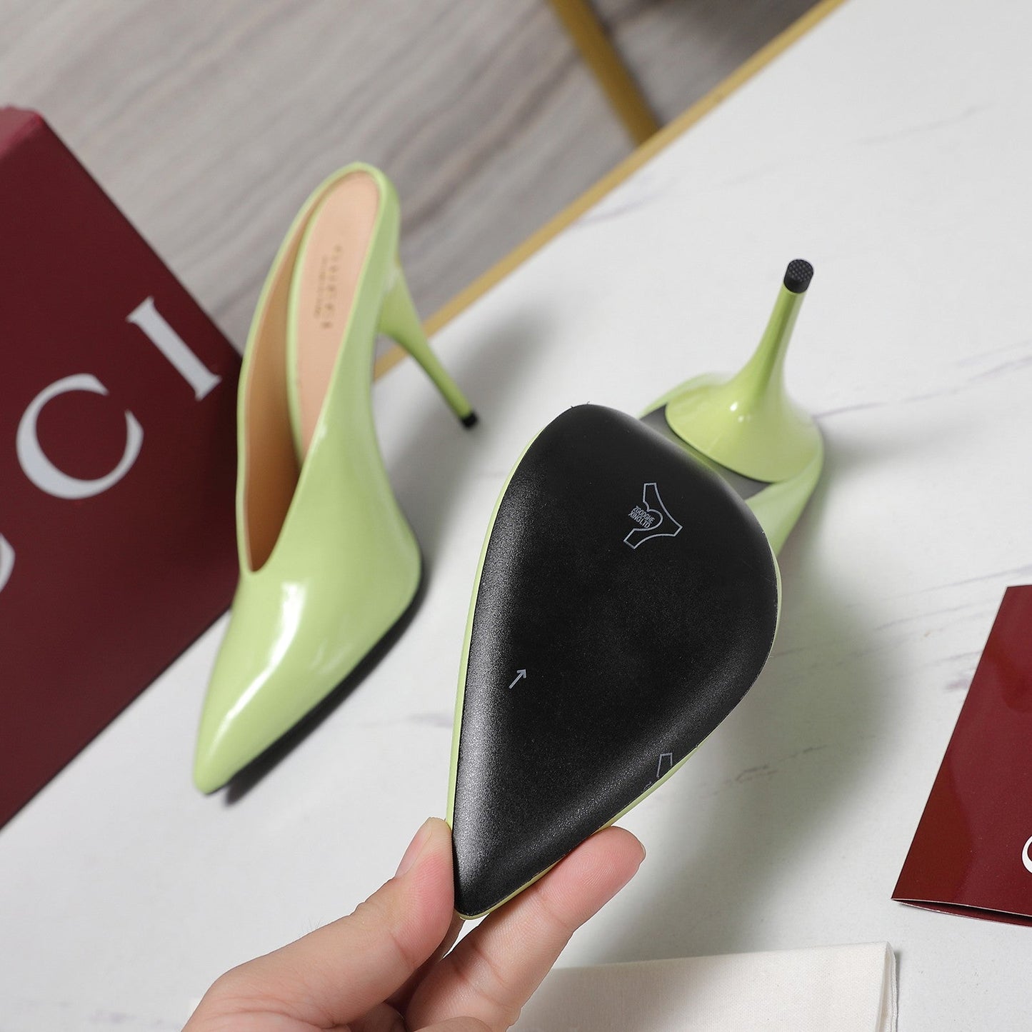 GG HEELED MULES 105 IN PASTEL GREEN CALFSKIN - 35