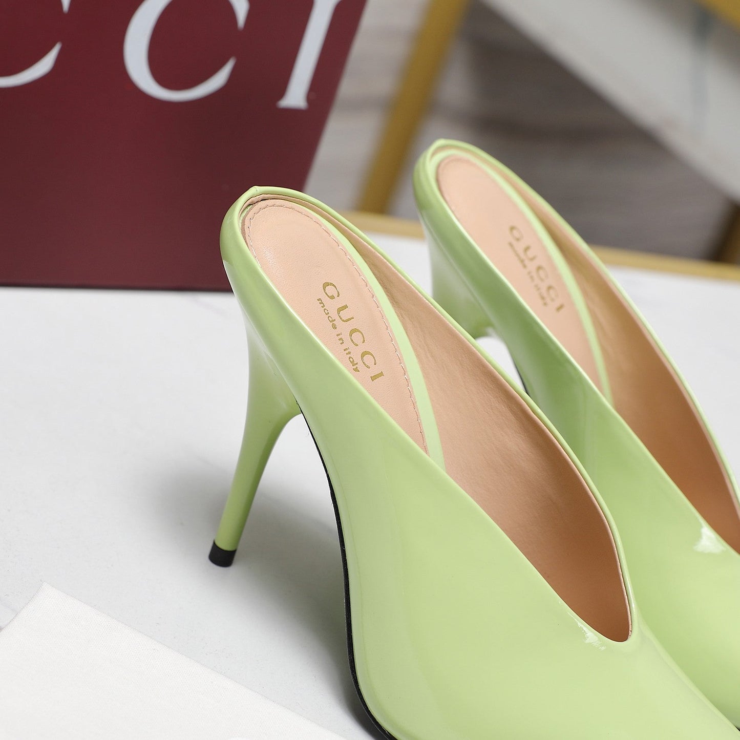 GG HEELED MULES 105 IN PASTEL GREEN CALFSKIN - 35