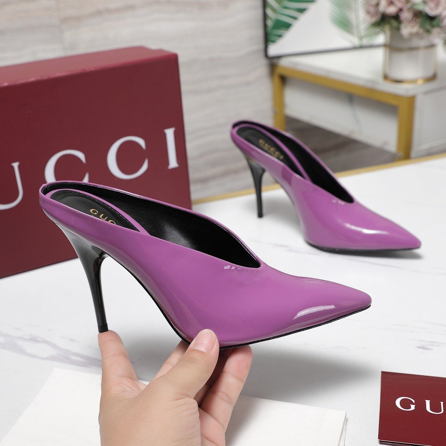GG HEELED MULES 105 IN PURPLE CALFSKIN - 35