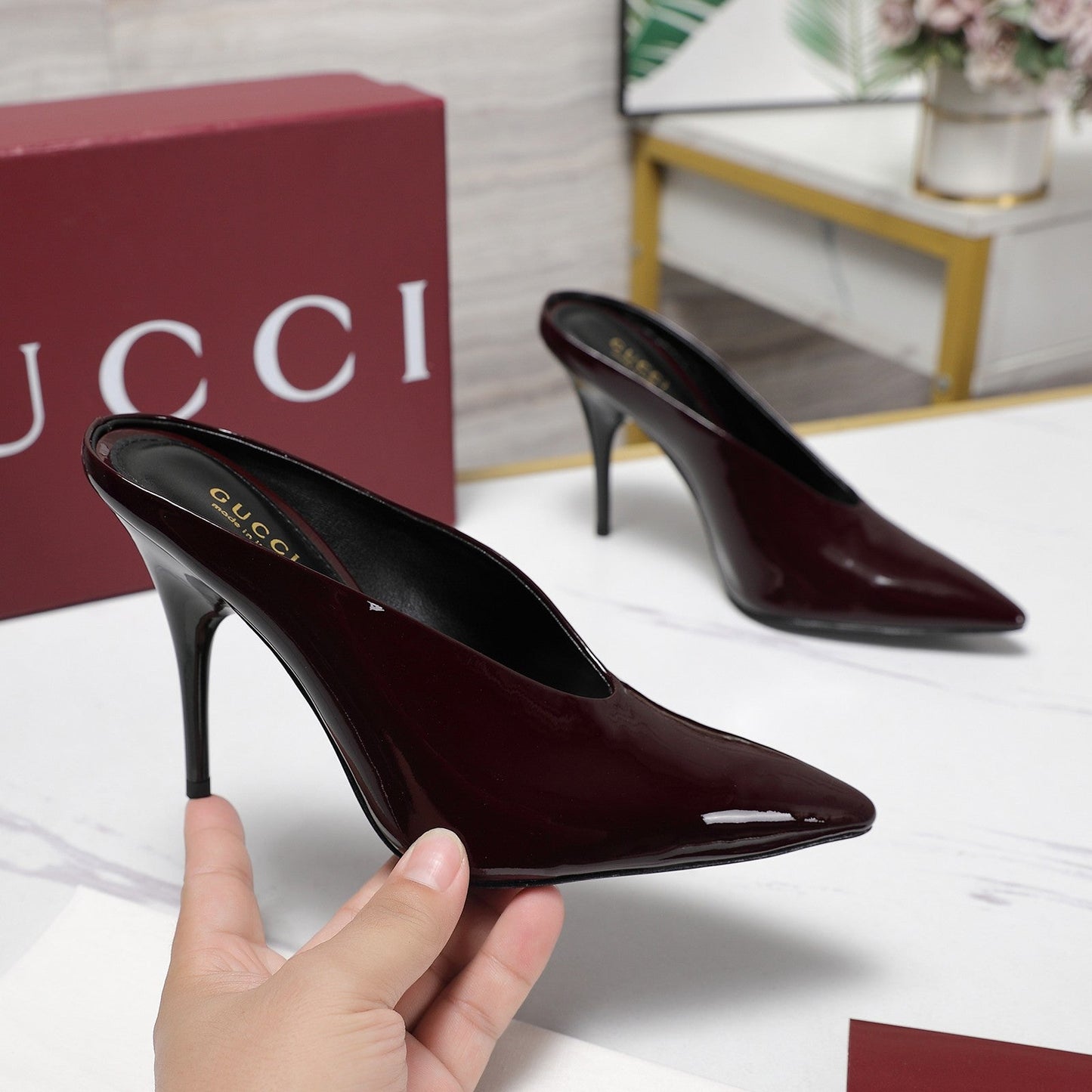 GG HEELED MULES 105 IN DARK RED CALFSKIN - 35