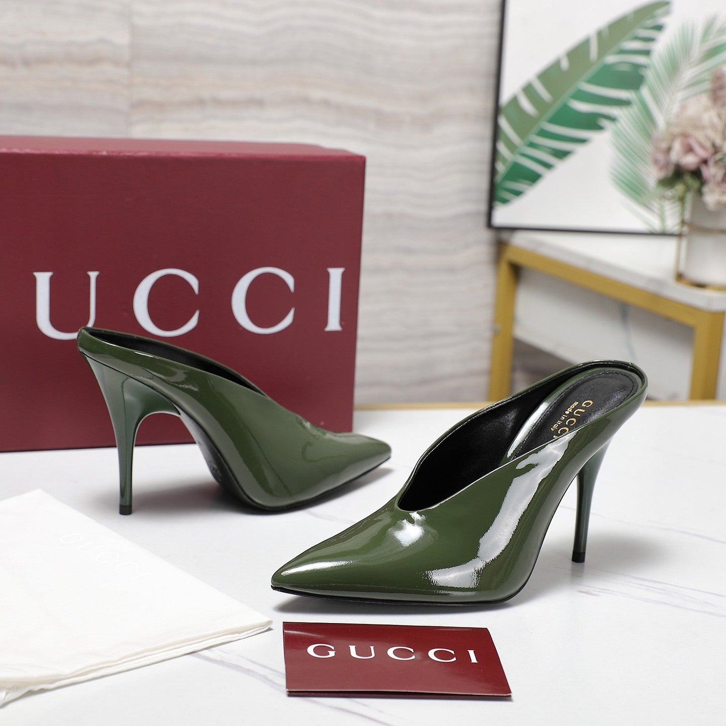 GG HEELED MULES 105 IN ARMY GREEN CALFSKIN - 35
